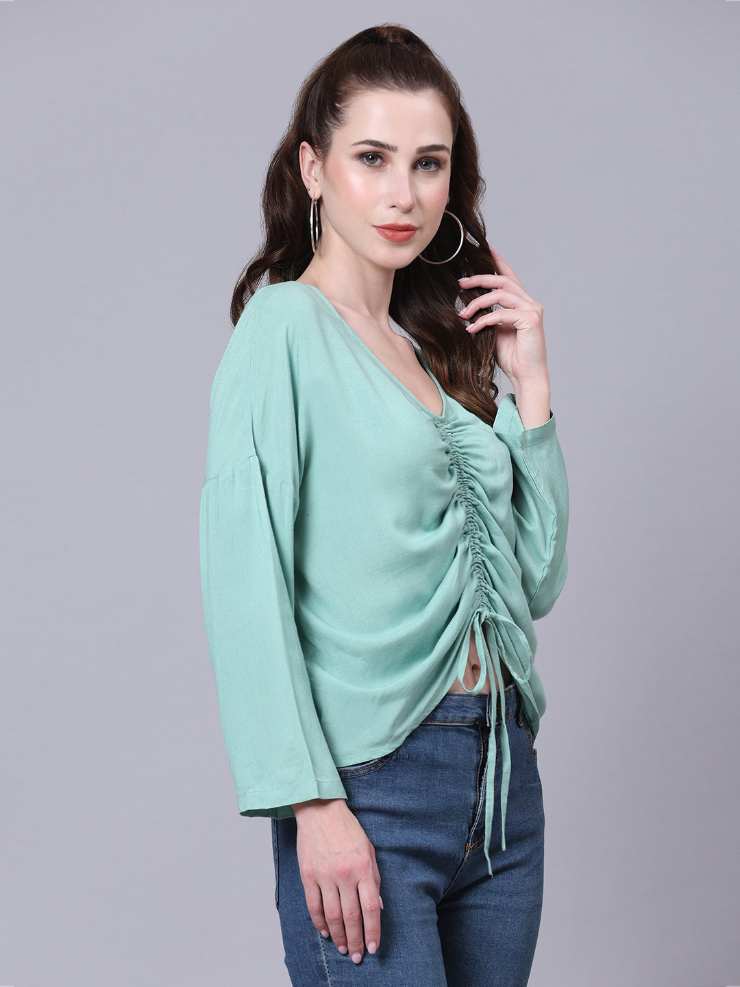 Green Solid Casual Ruched Top