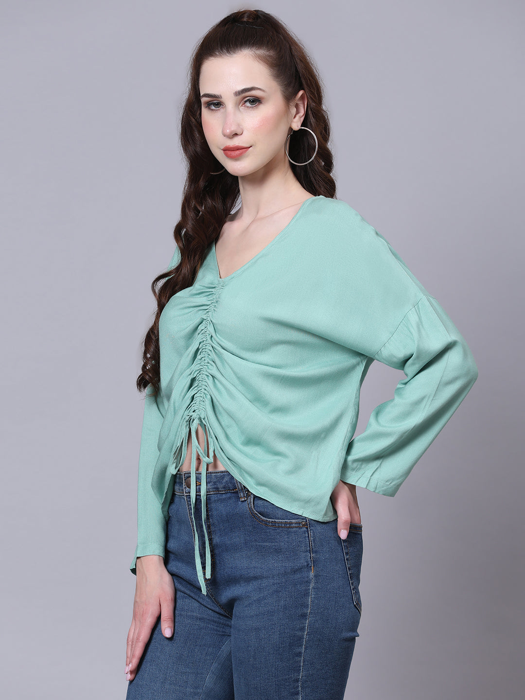 Green Solid Casual Ruched Top