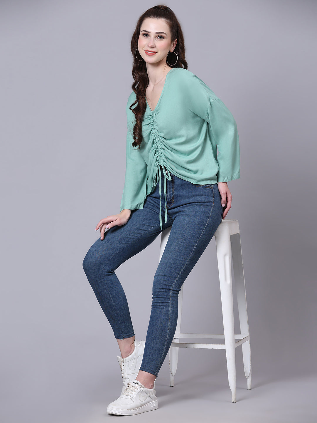 Green Solid Casual Ruched Top