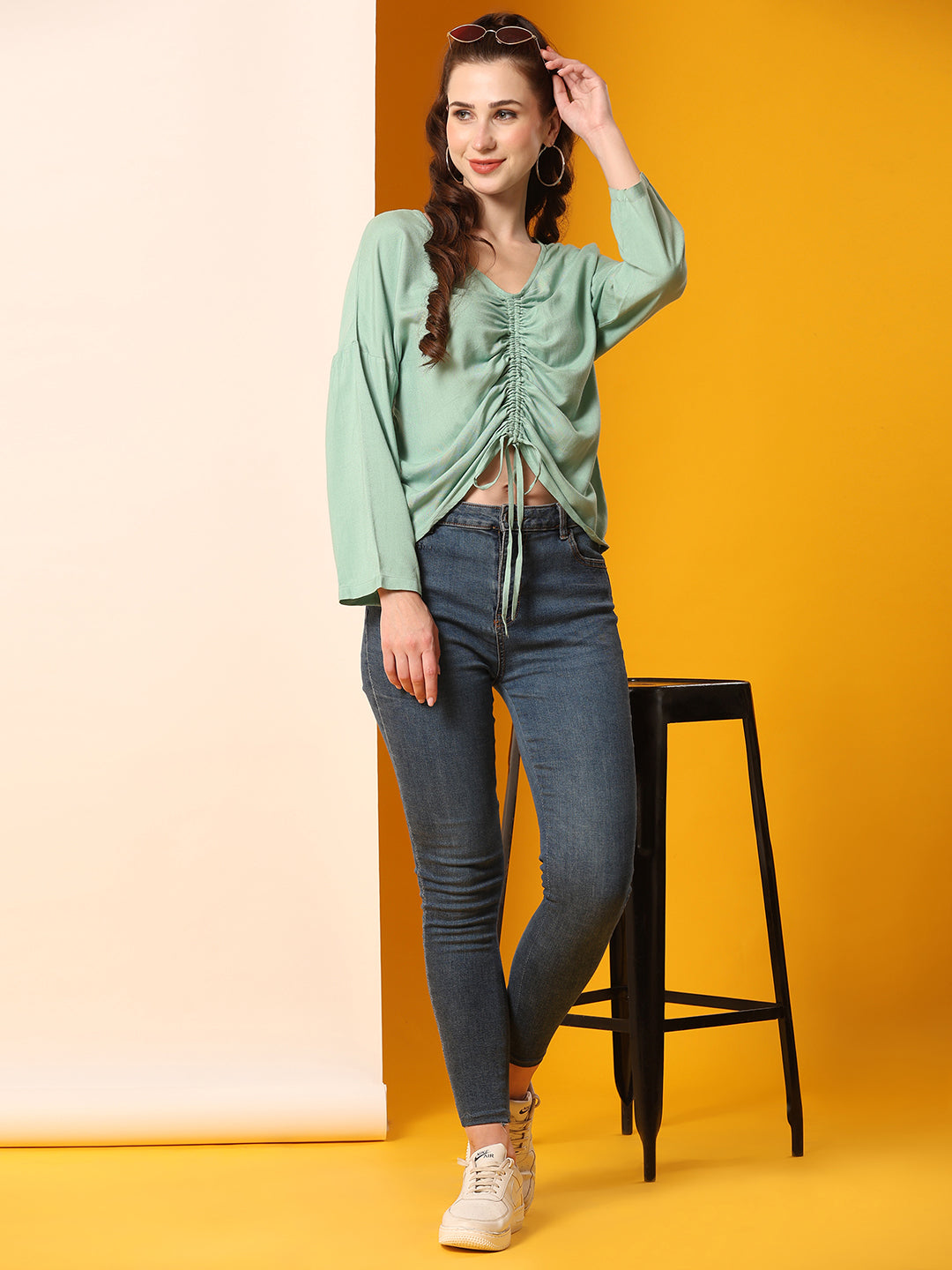 Green Solid Casual Ruched Top