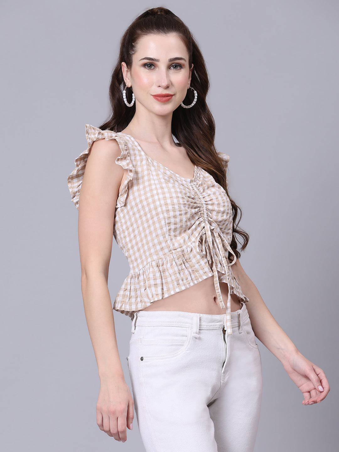 Olive Checked Ruched Crop Top