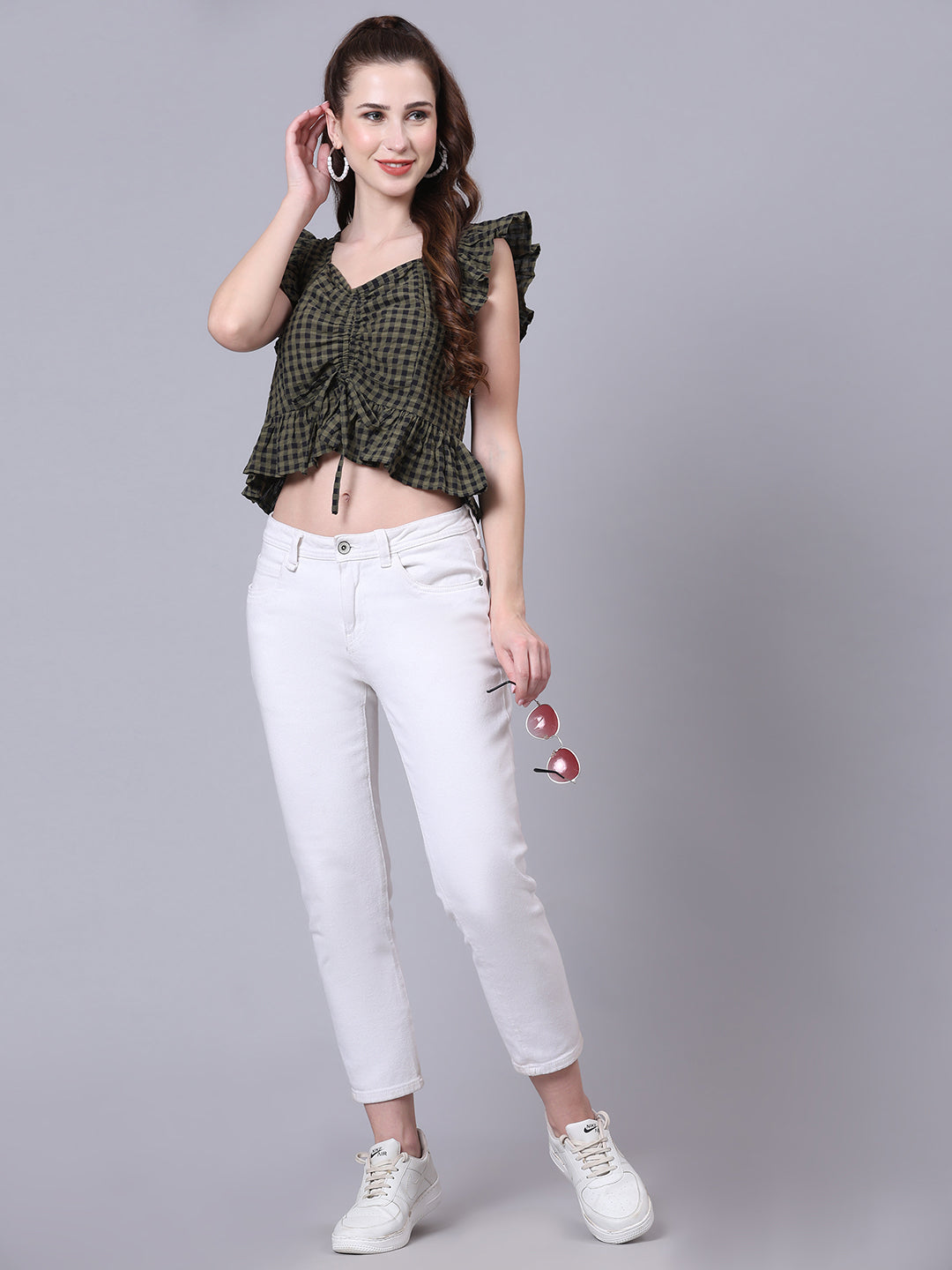 Olive Checked Ruched Crop Top