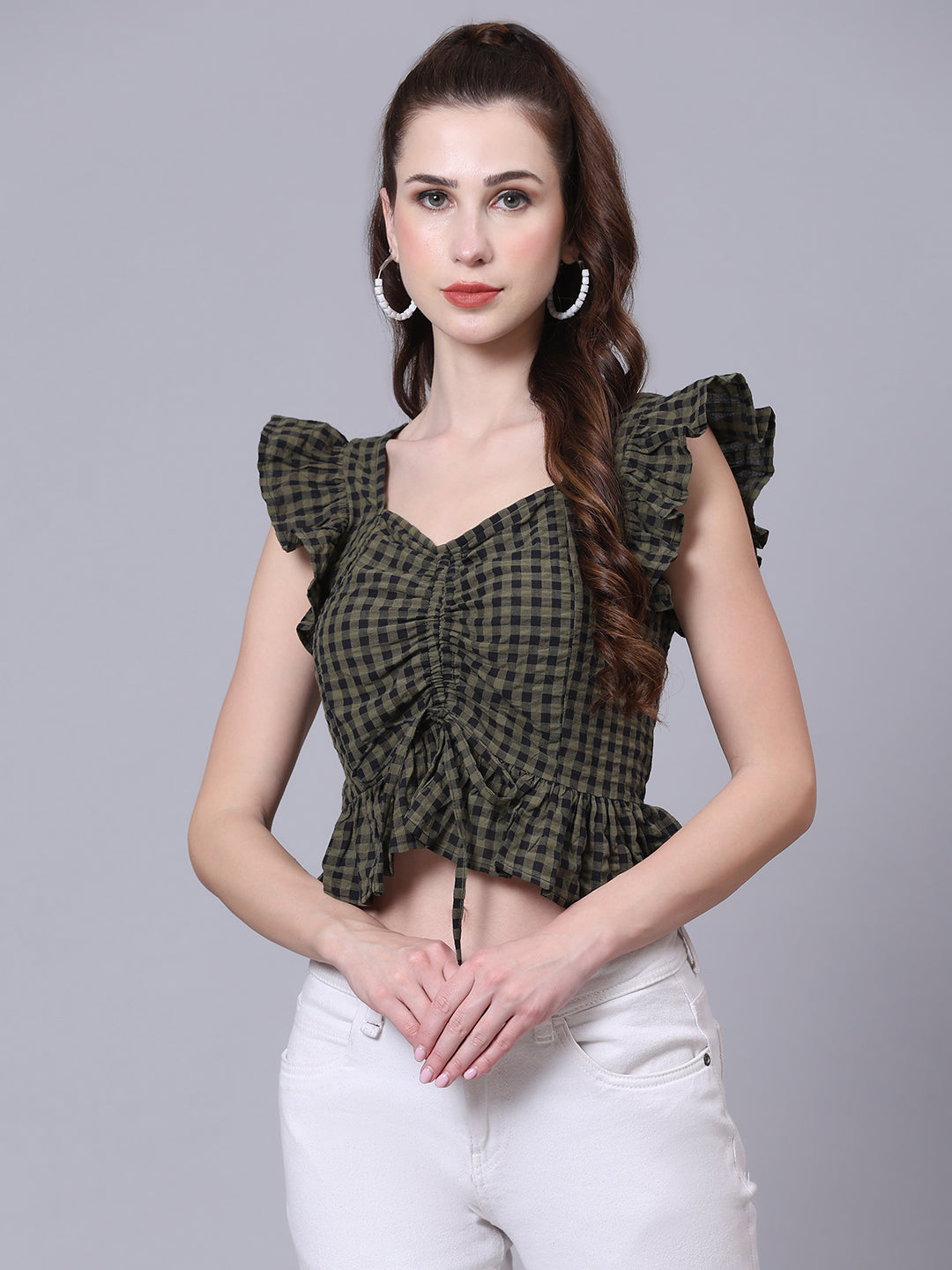 Olive Checked Ruched Crop Top Olive