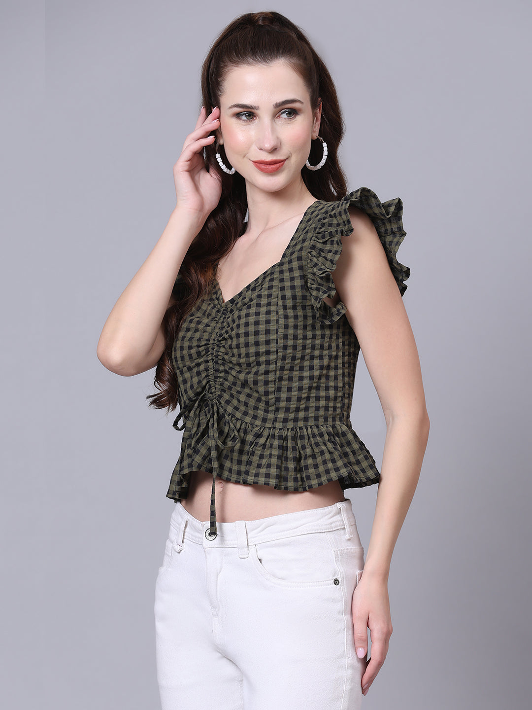 Olive Checked Ruched Crop Top