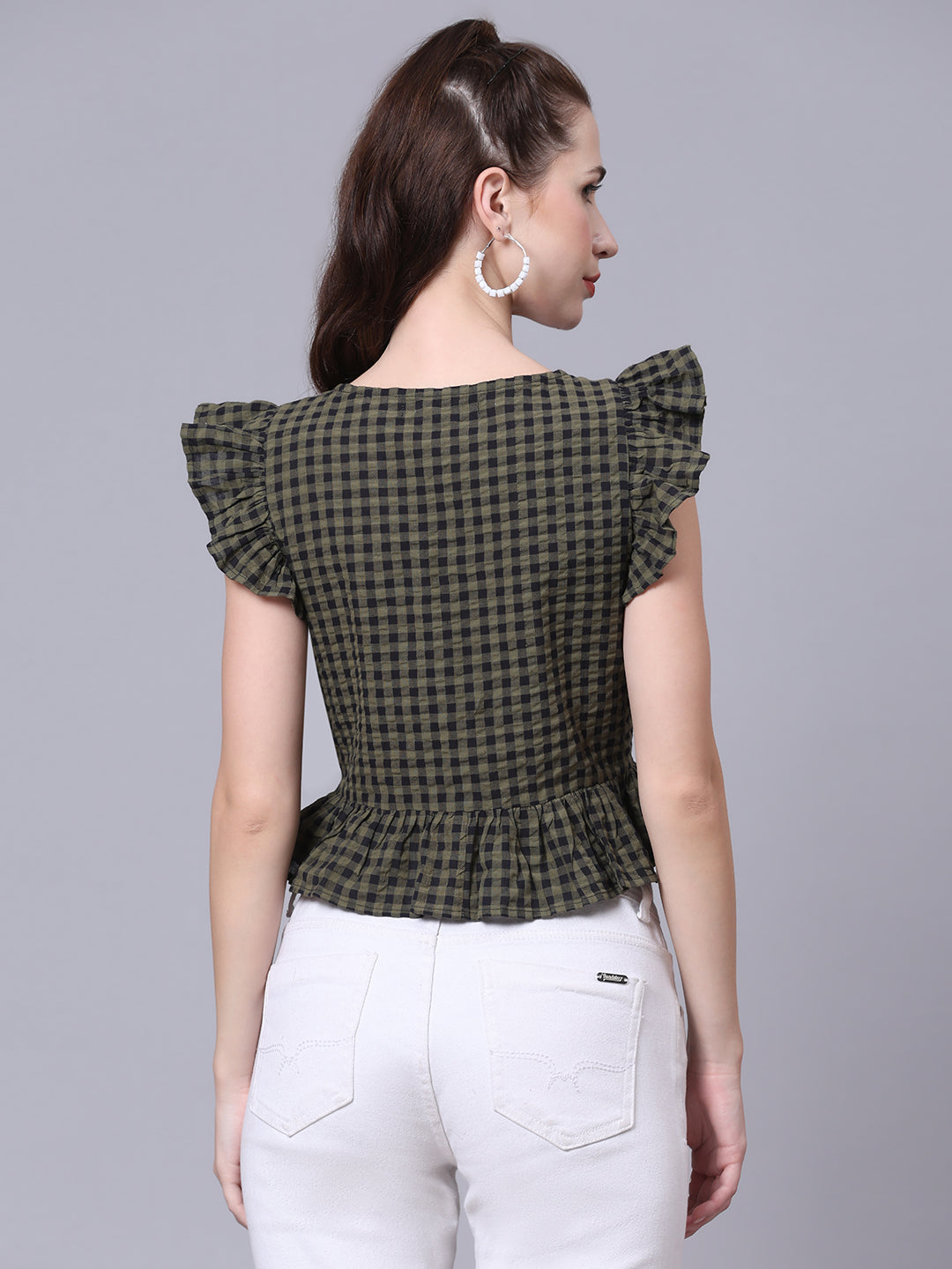 Olive Checked Ruched Crop Top