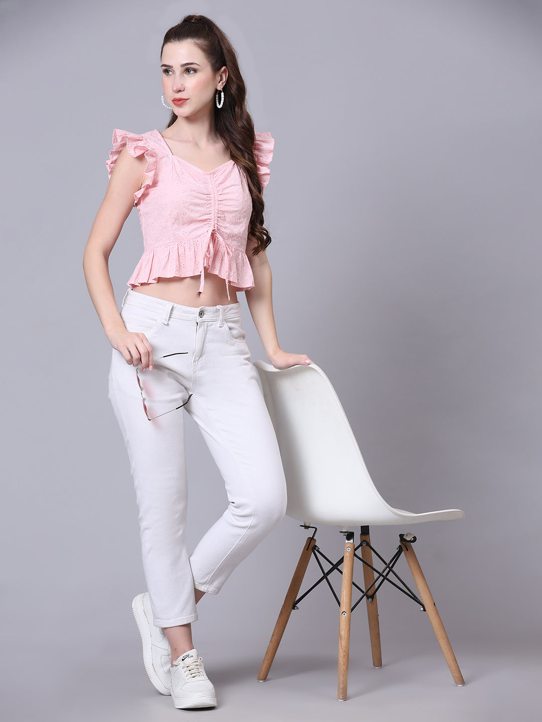 Pink Self DesignSelf Design Ruched Crop Top