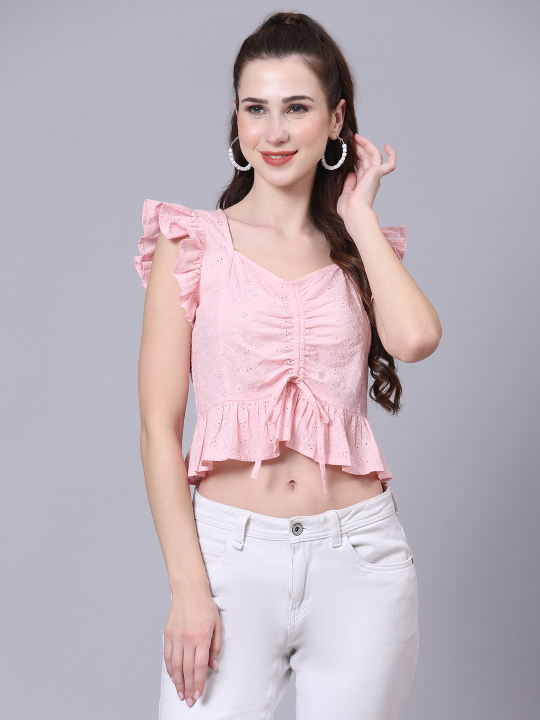 Pink Self DesignSelf Design Ruched Crop Top