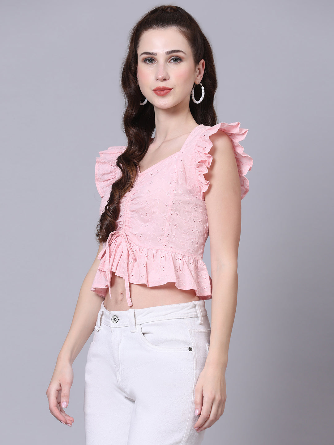 Pink Self DesignSelf Design Ruched Crop Top