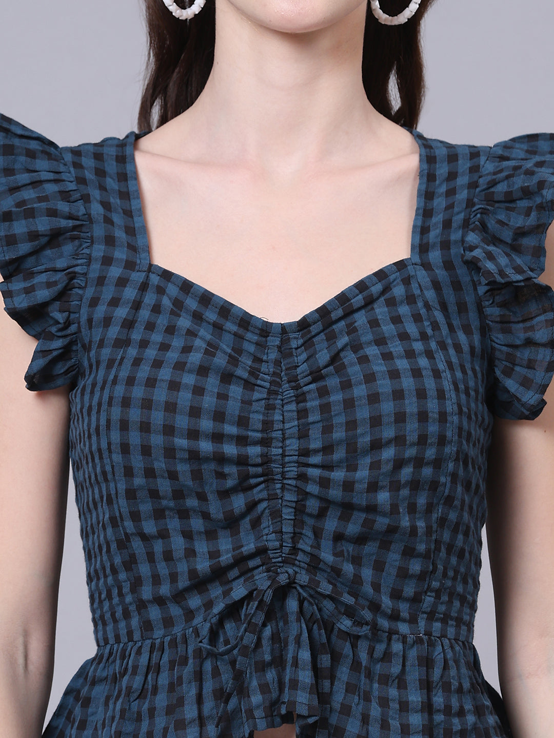 Olive Checked Ruched Crop Top