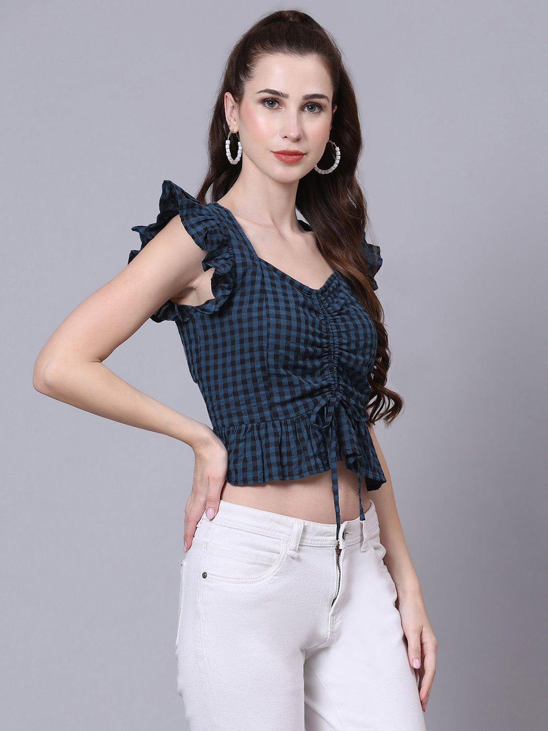 Olive Checked Ruched Crop Top