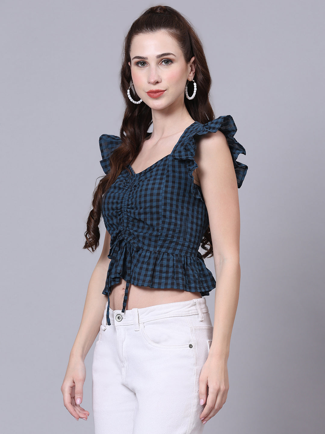 Olive Checked Ruched Crop Top