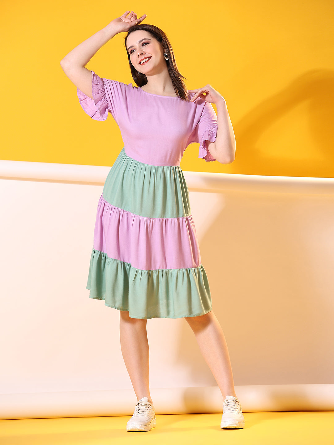 Pomegal Purple & Green Fit and Flare Solid Flared Dress