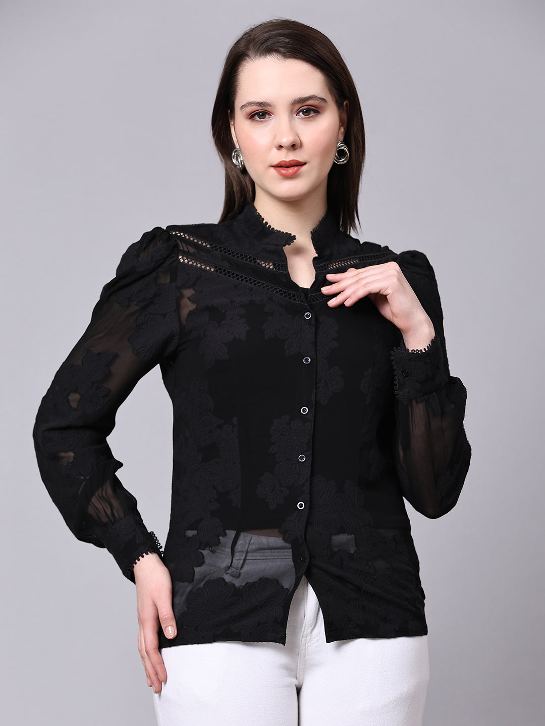 Black Slim Fit Self Design Partywear Shirt