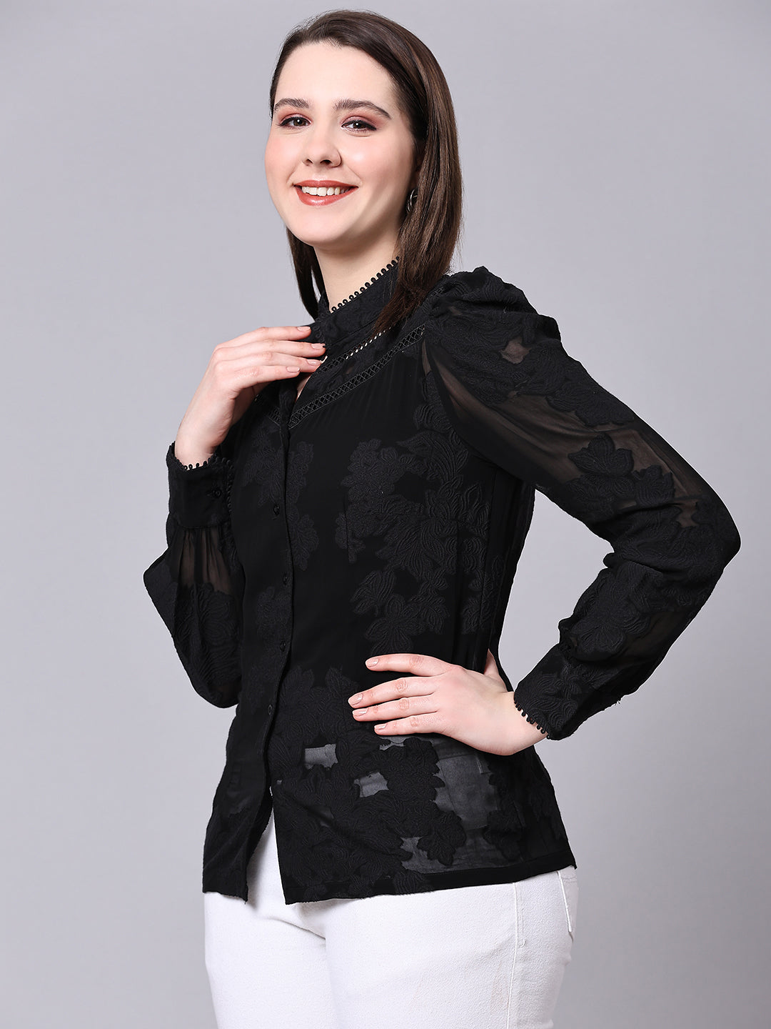 Black Slim Fit Self Design Partywear Shirt