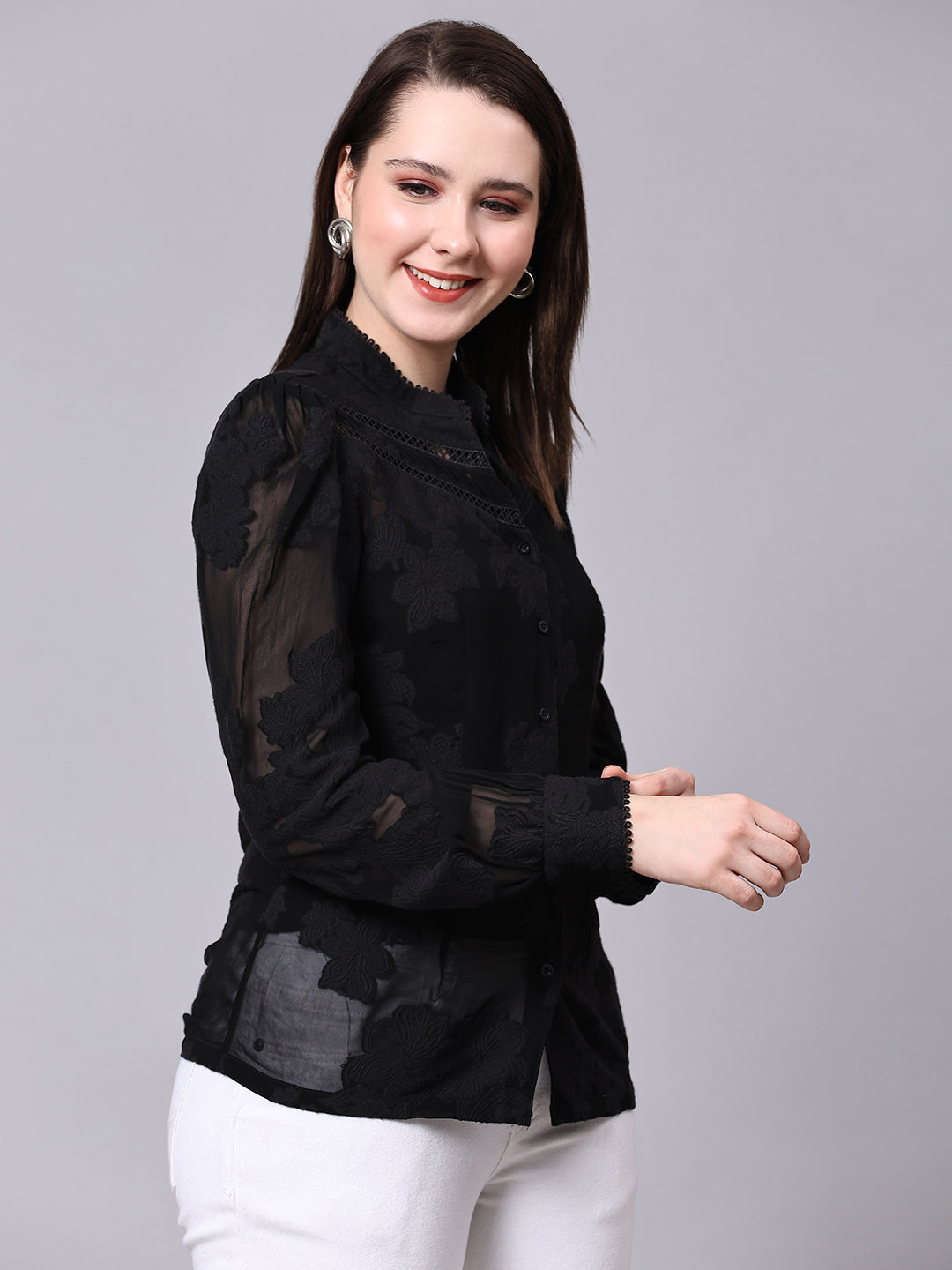 Black Slim Fit Self Design Partywear Shirt