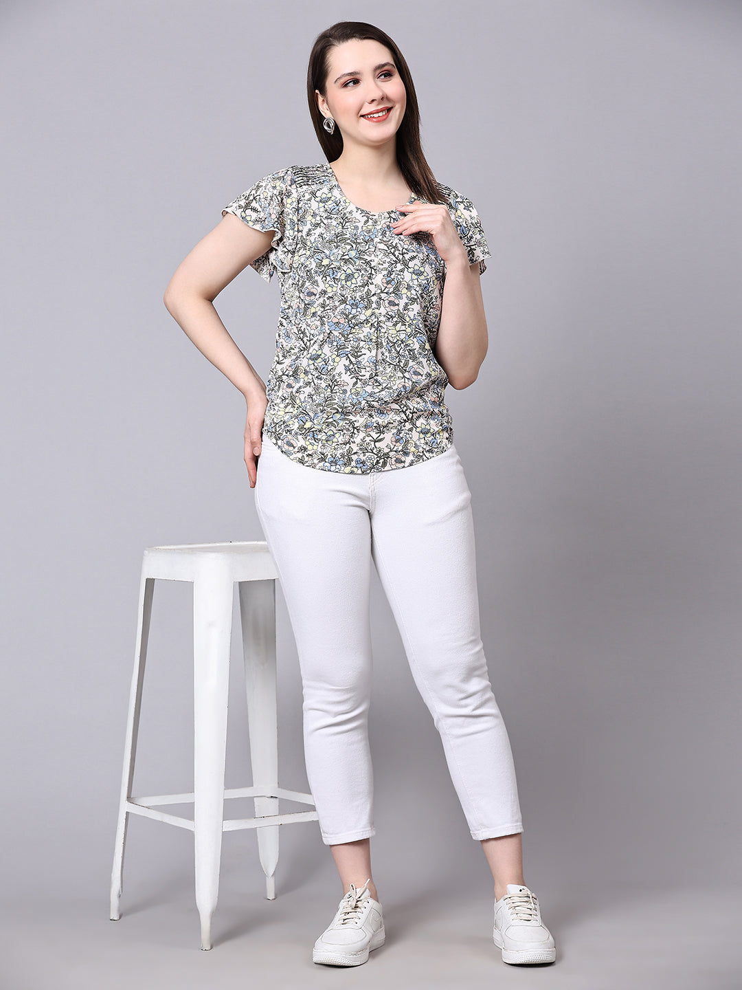 White Floral Printed Casual Fancy Top