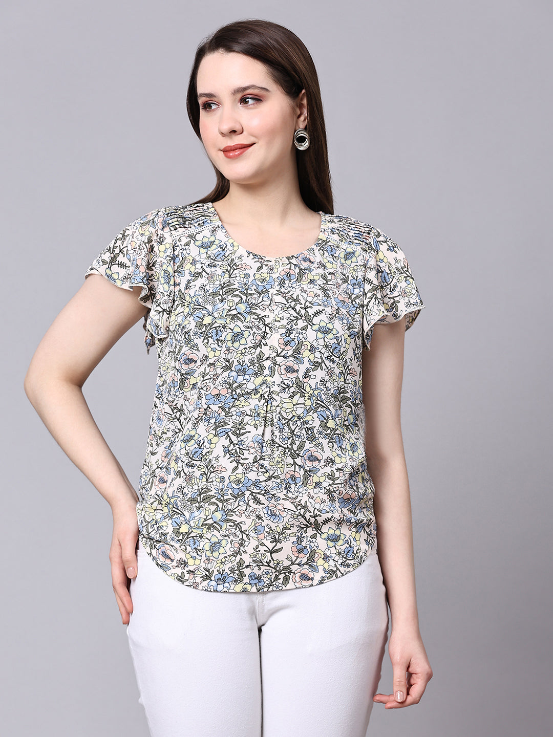 White Floral Printed Casual Fancy Top