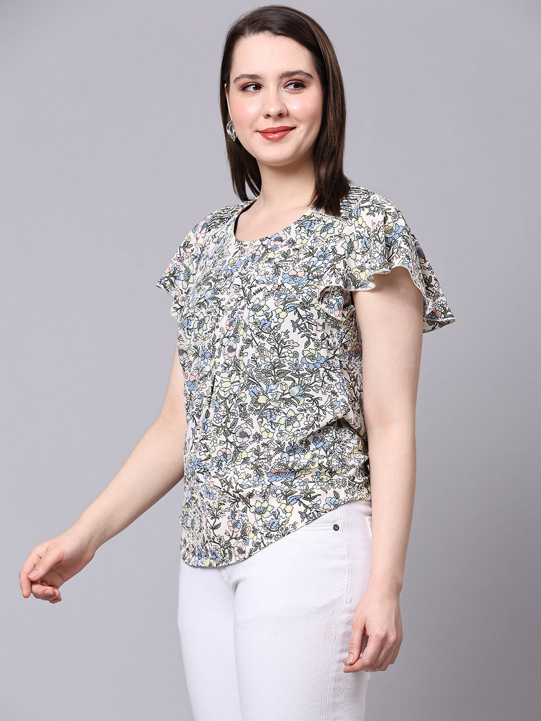 White Floral Printed Casual Fancy Top