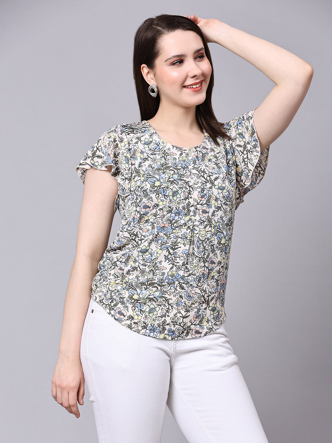 White Floral Printed Casual Fancy Top