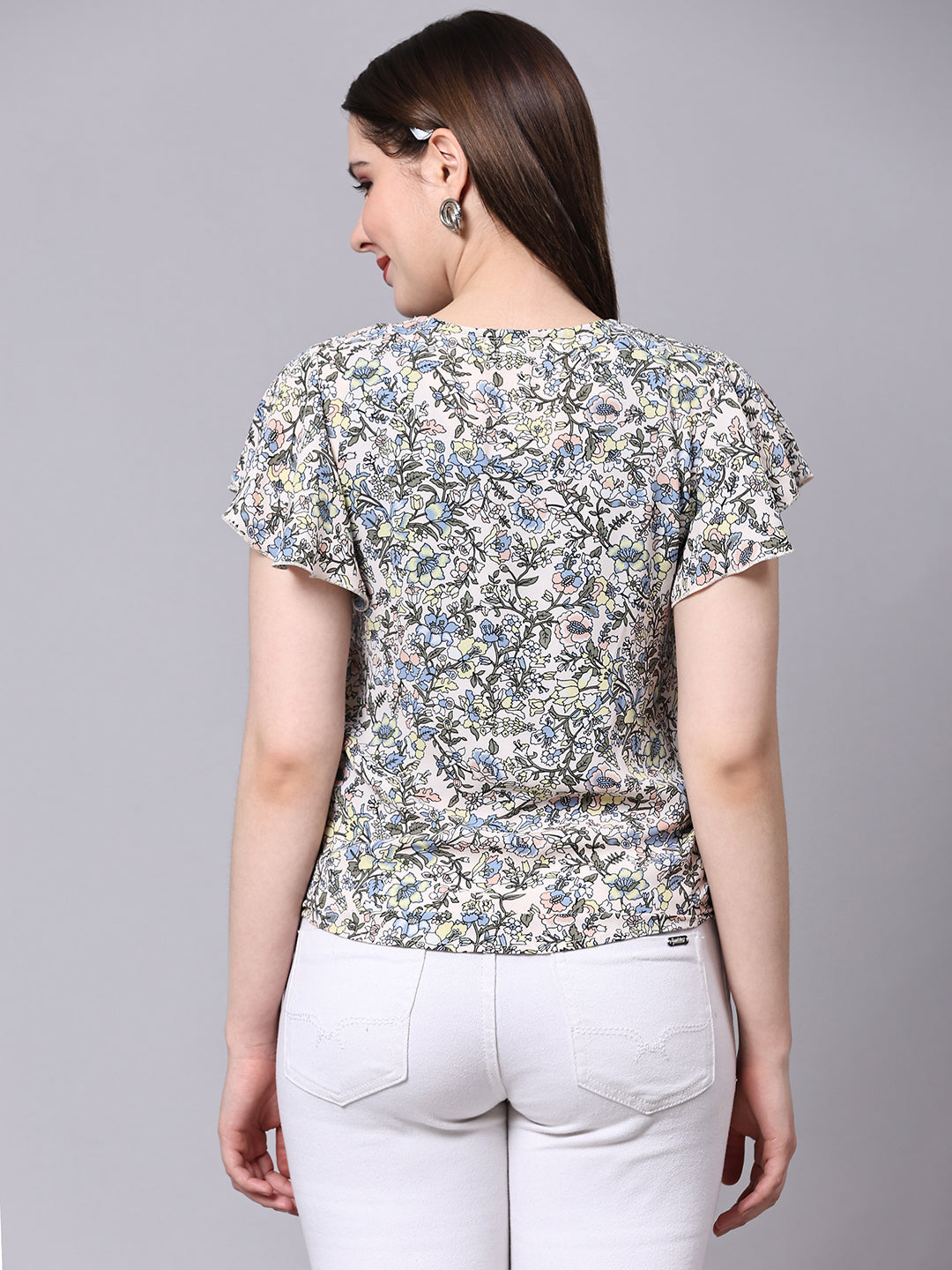 White Floral Printed Casual Fancy Top