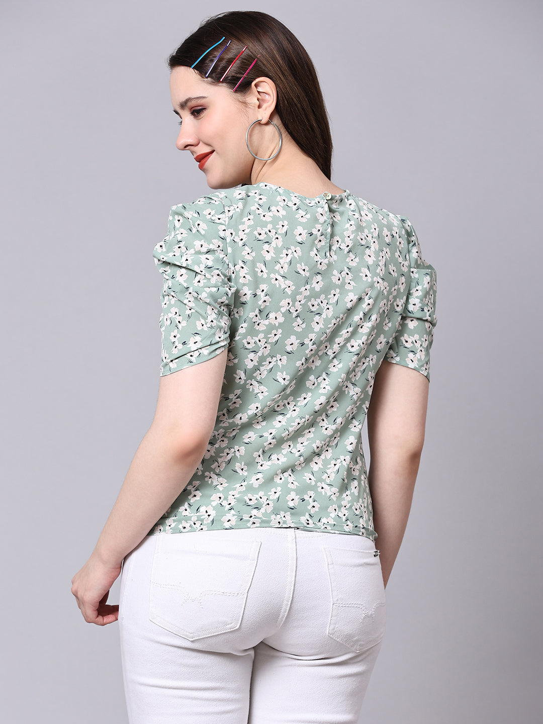 Sea Green Floral Printed Casual Regular Top