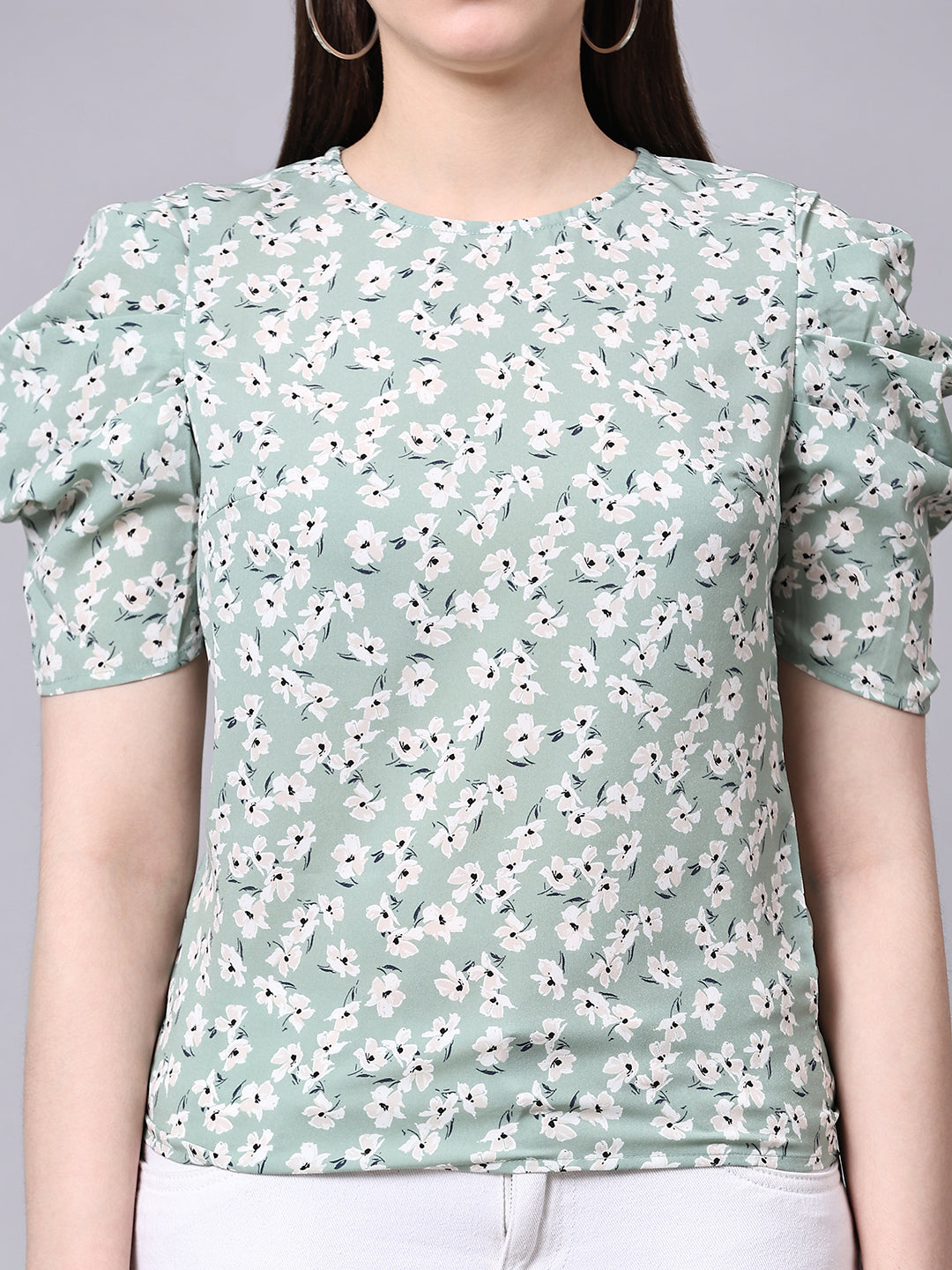 Sea Green Floral Printed Casual Regular Top