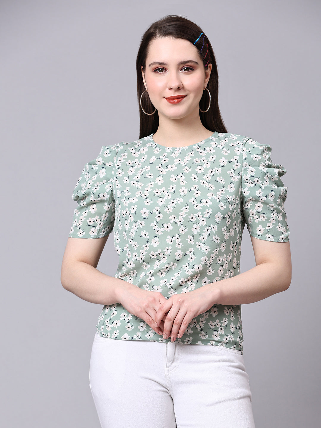 Sea Green Floral Printed Casual Regular Top