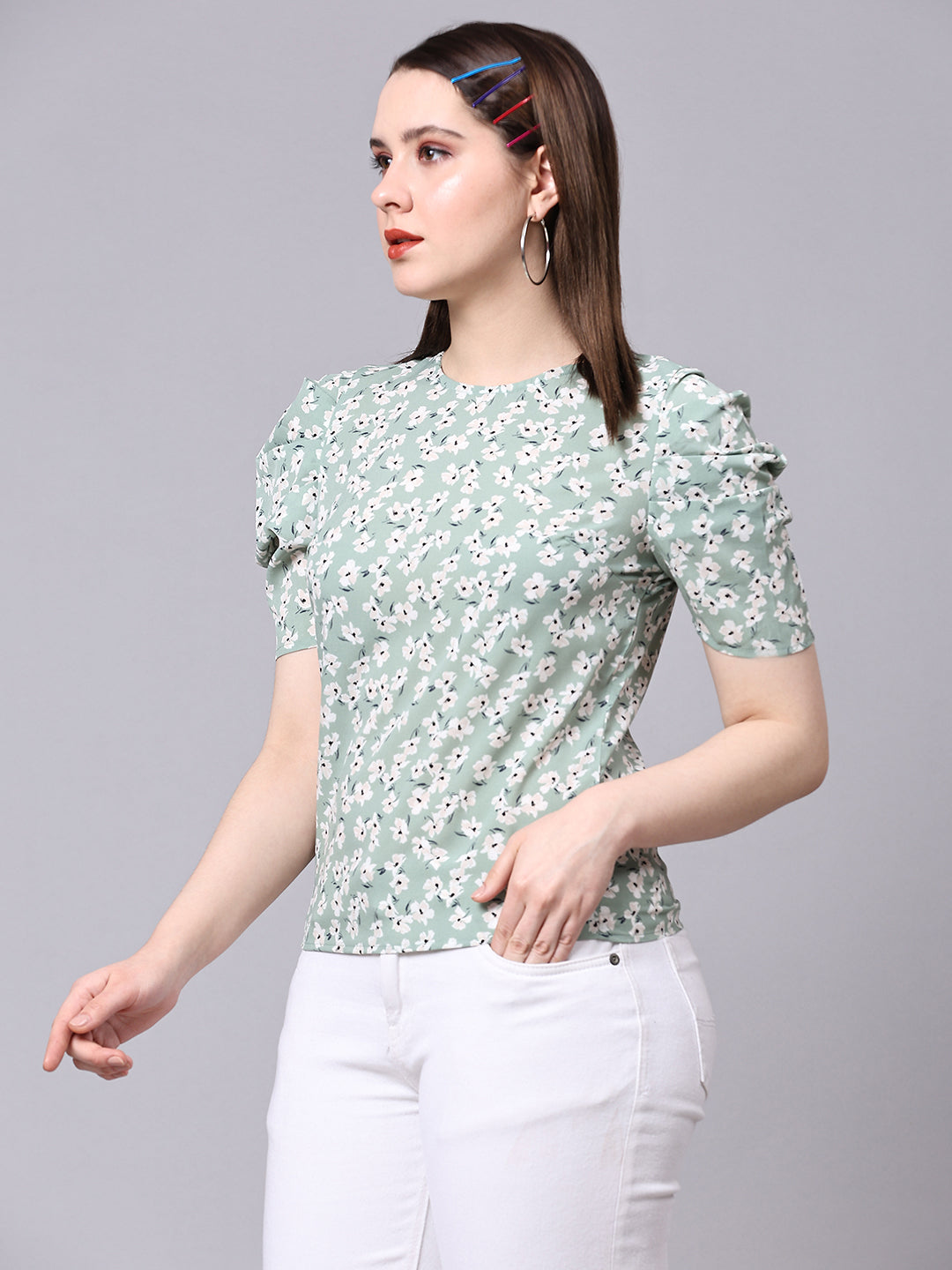 Sea Green Floral Printed Casual Regular Top