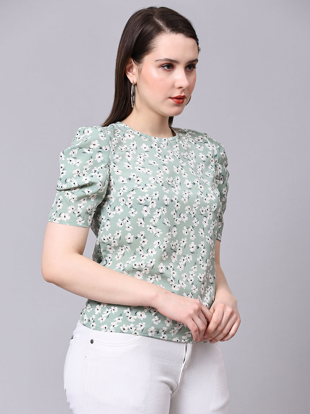 Sea Green Floral Printed Casual Regular Top