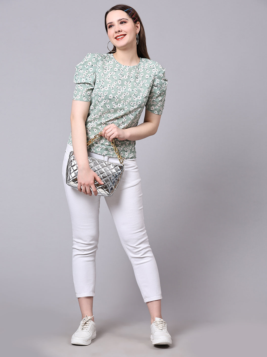 Sea Green Floral Printed Casual Regular Top