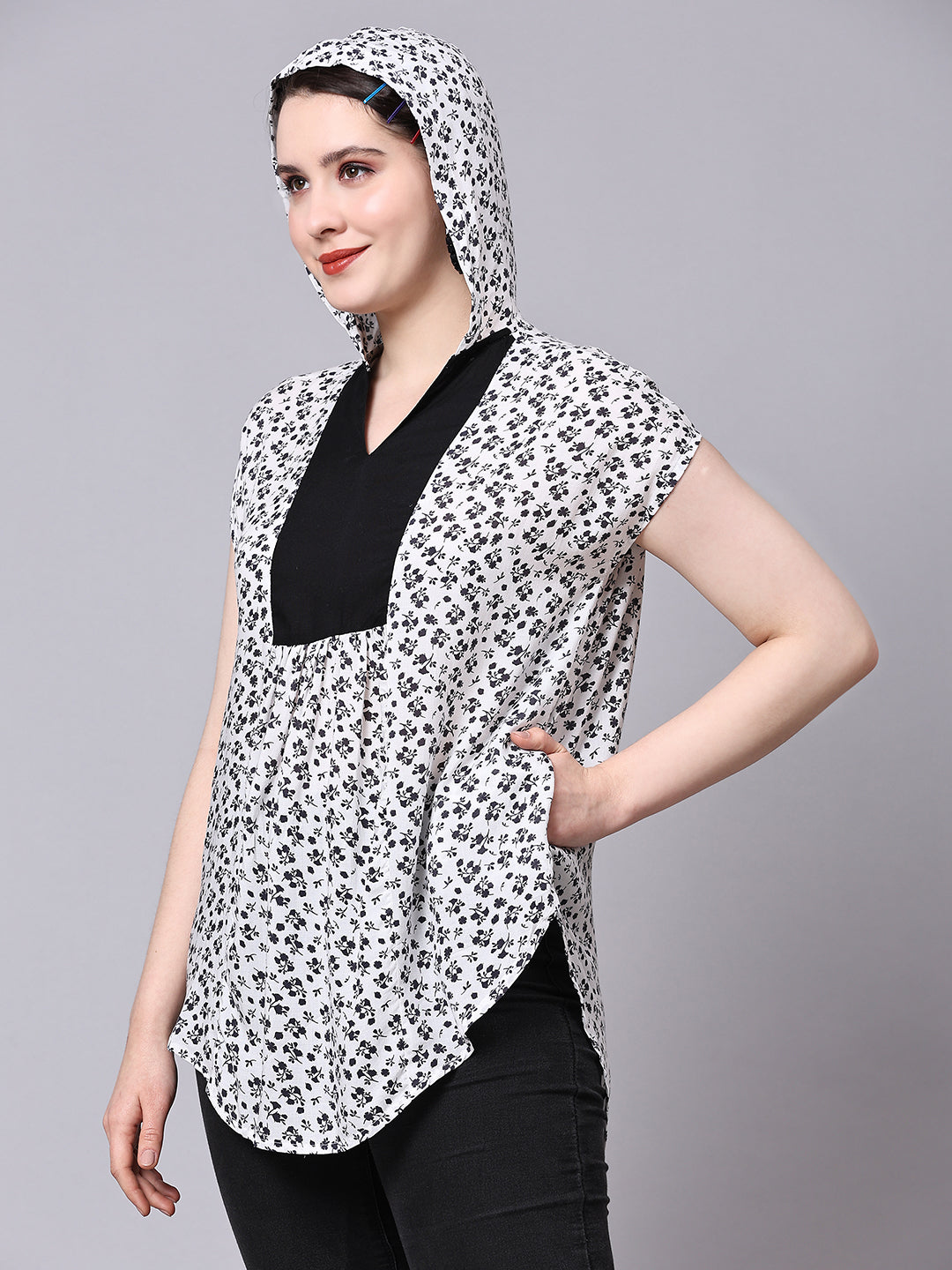 Black and White Floral Printed Top with Hoodie