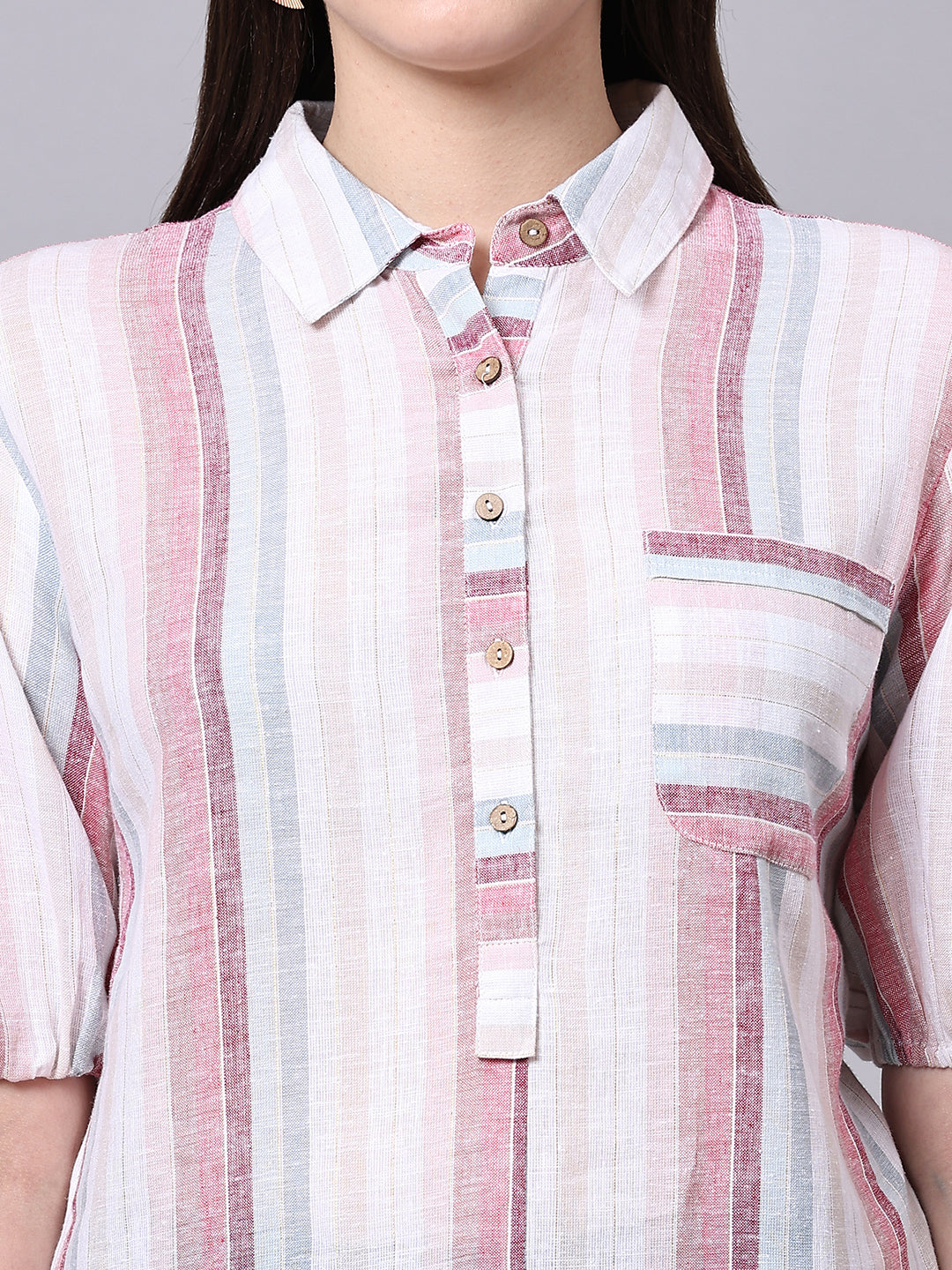 Cotton Linen Regular Fit Semiformal Multi Stripes Shirt