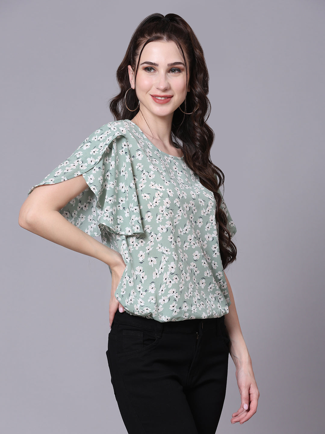 Green Floral Printed Casual Cinched Waist Top