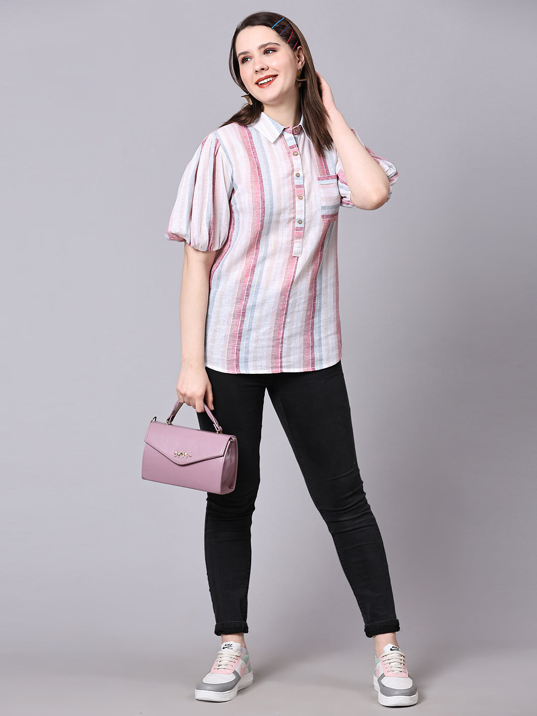 Cotton Linen Regular Fit Semiformal Multi Stripes Shirt