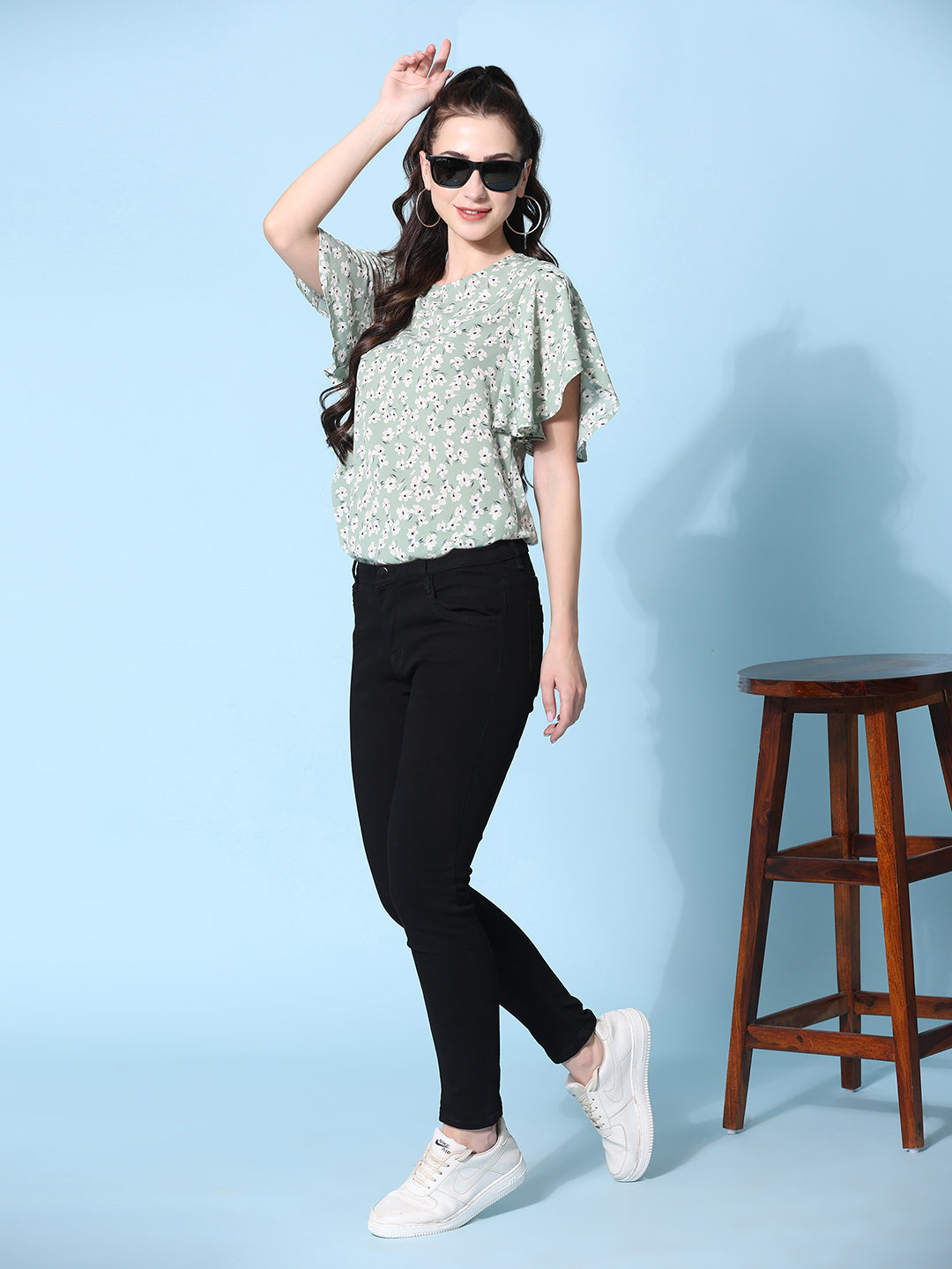 Green Floral Printed Casual Cinched Waist Top