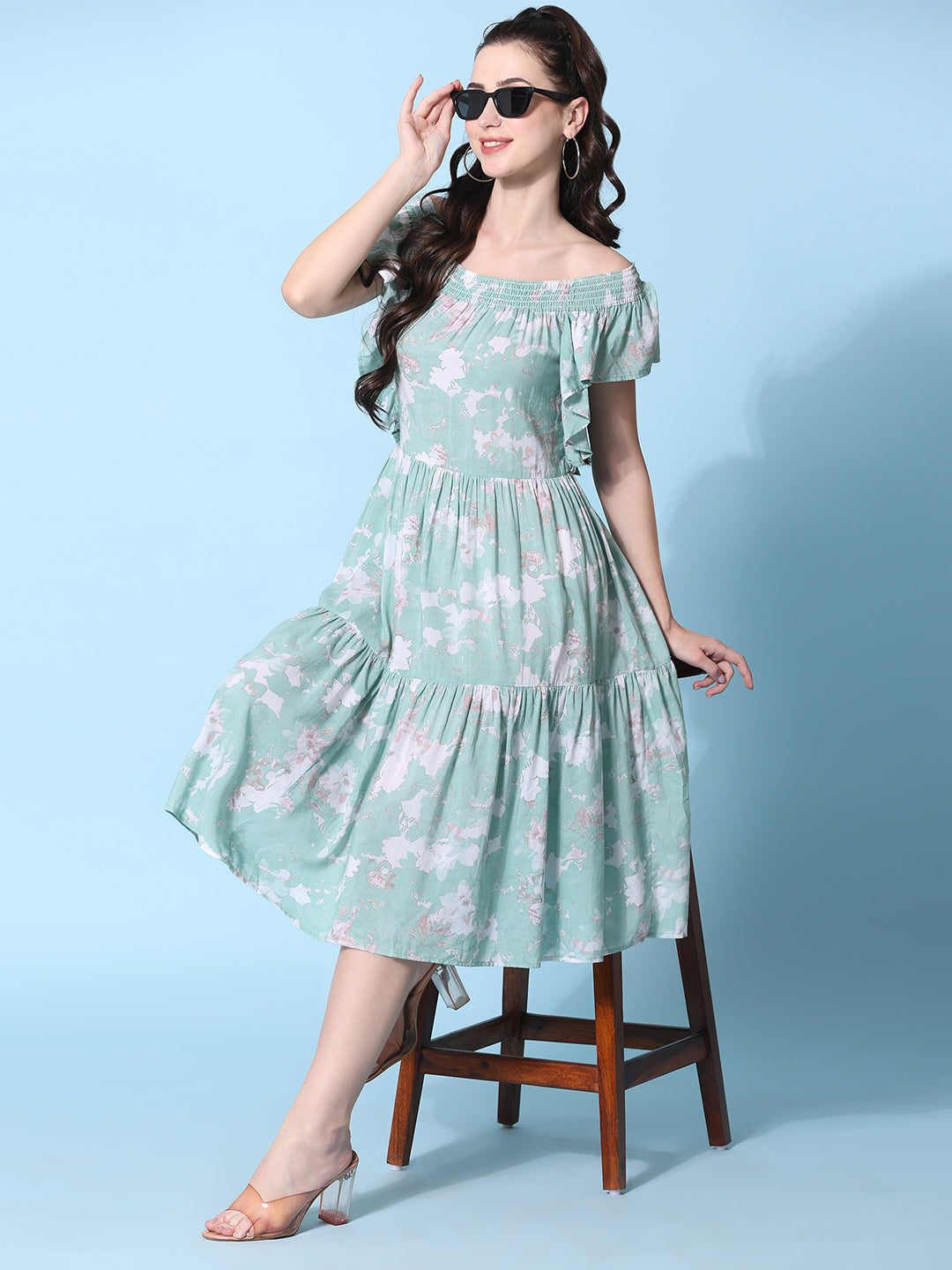 Pomegal Sea Green Fit and Flare Printed Smocked Dress