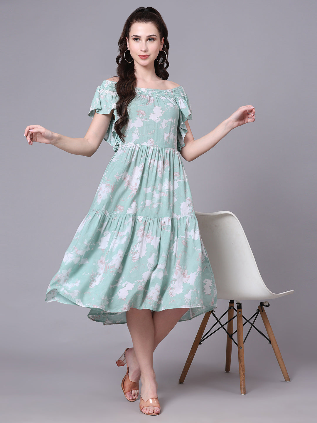 Pomegal Sea Green Fit and Flare Printed Smocked Dress