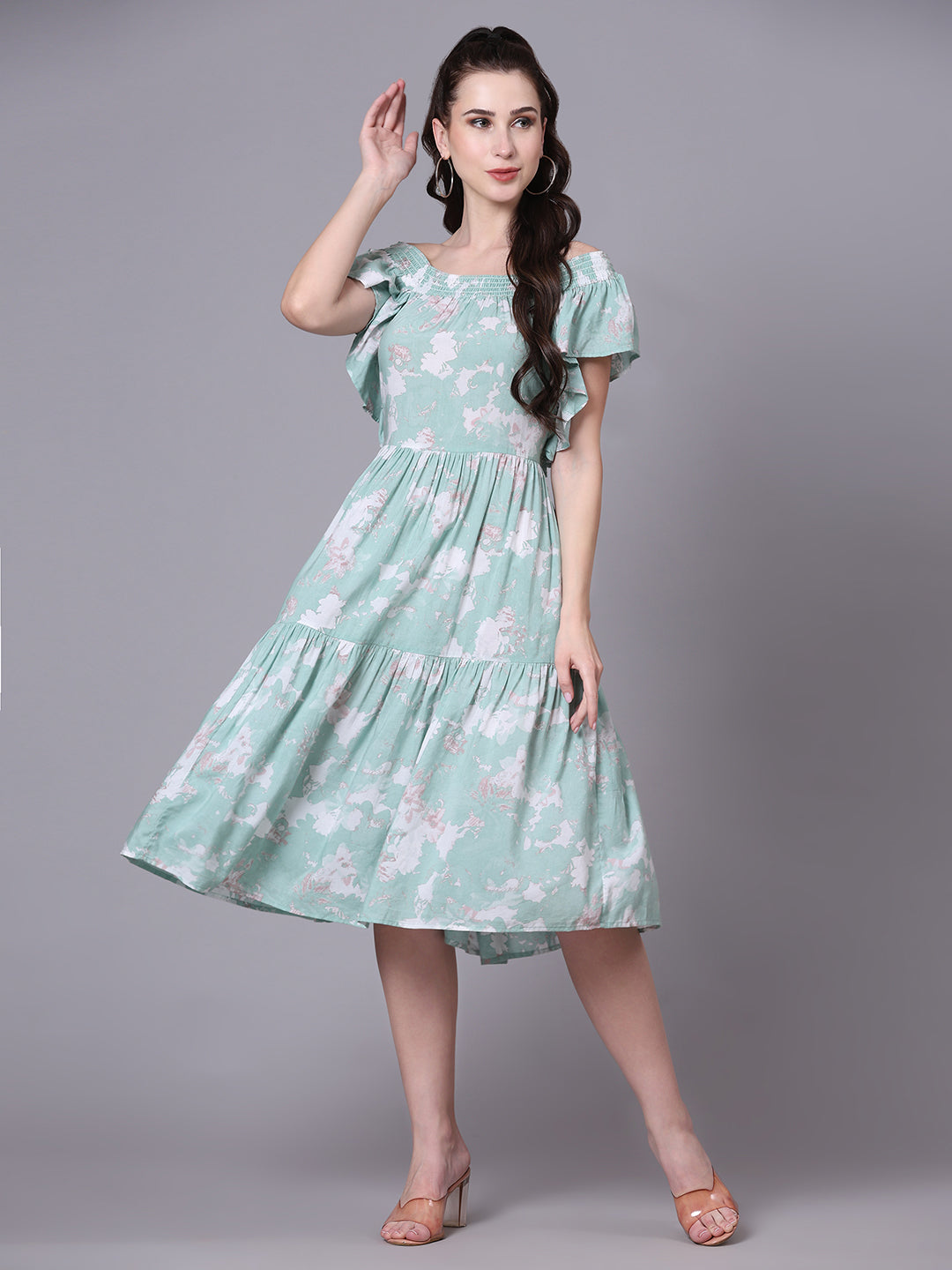 Pomegal Sea Green Fit and Flare Printed Smocked Dress