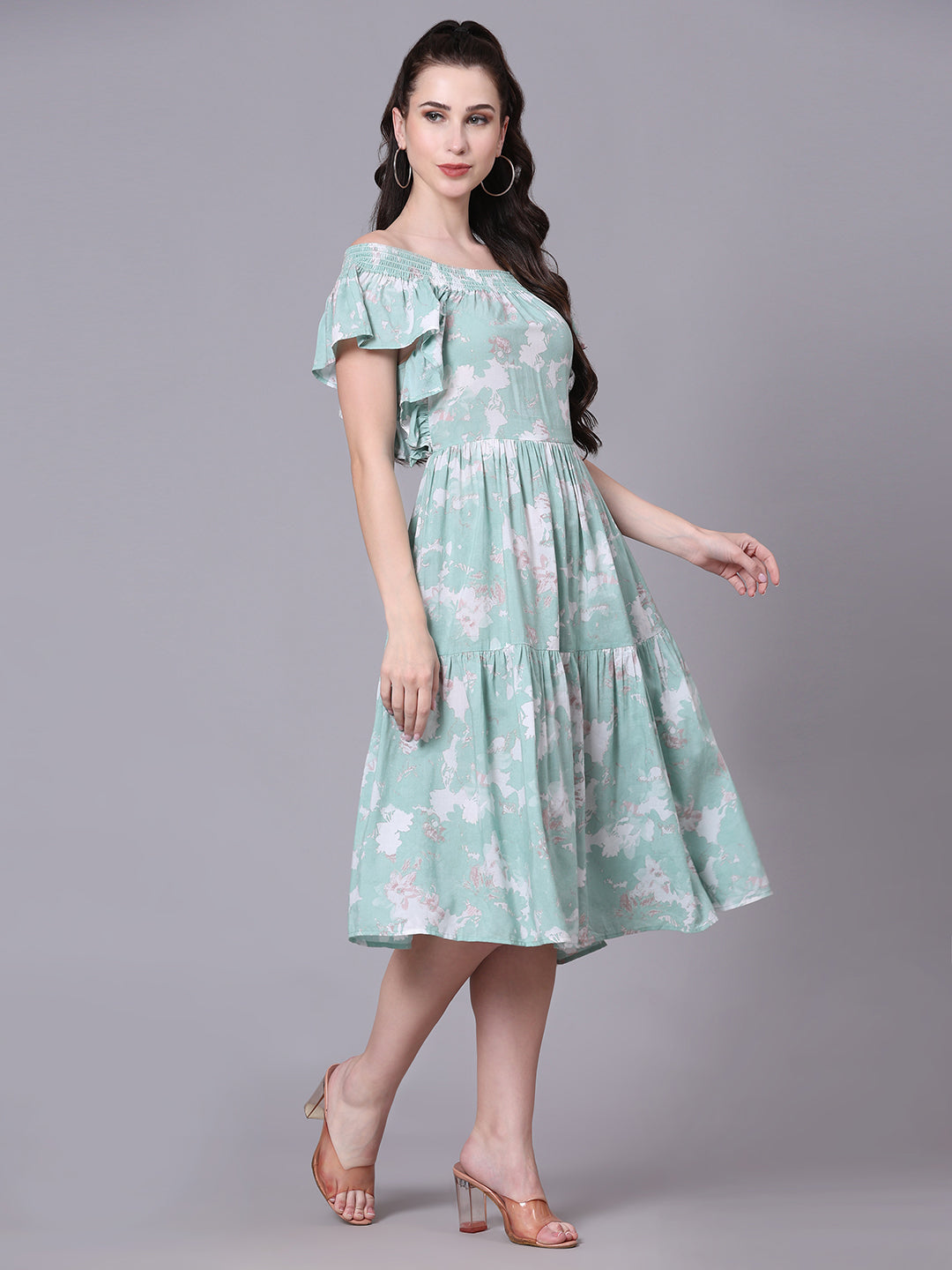 Pomegal Sea Green Fit and Flare Printed Smocked Dress