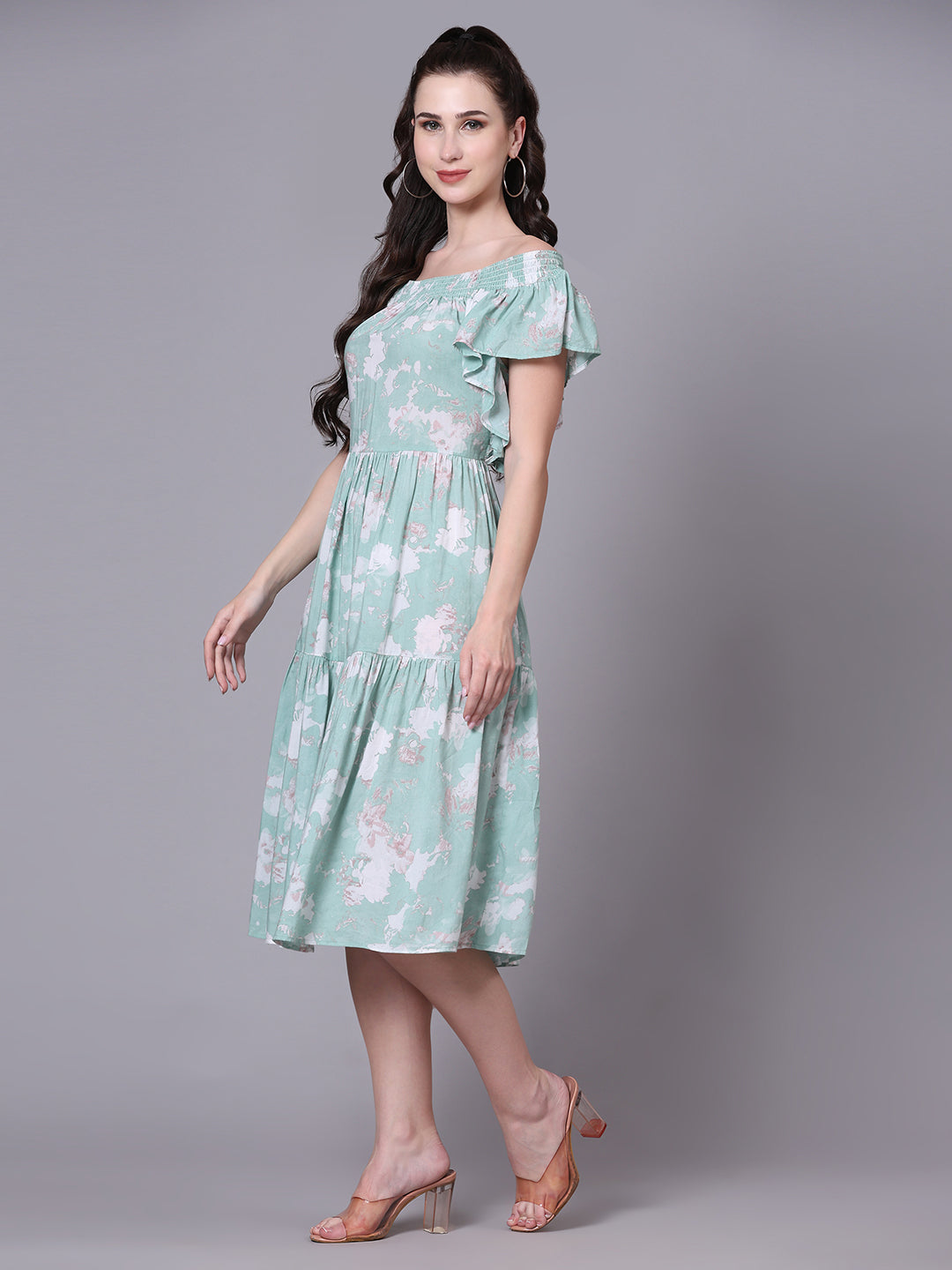 Pomegal Sea Green Fit and Flare Printed Smocked Dress