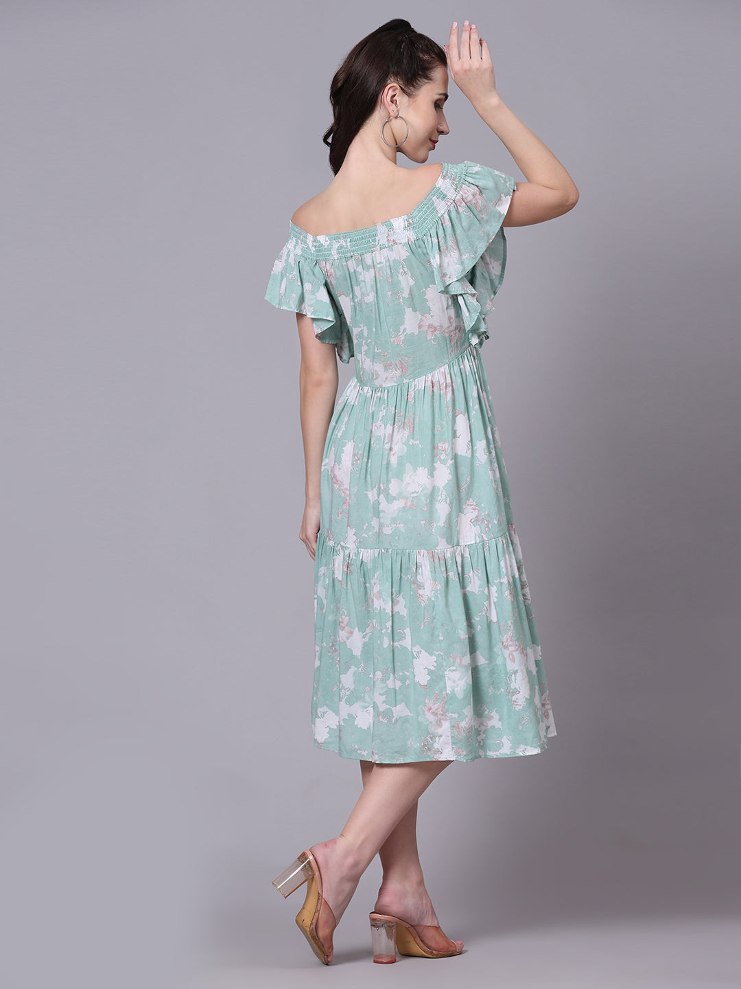 Pomegal Sea Green Fit and Flare Printed Smocked Dress