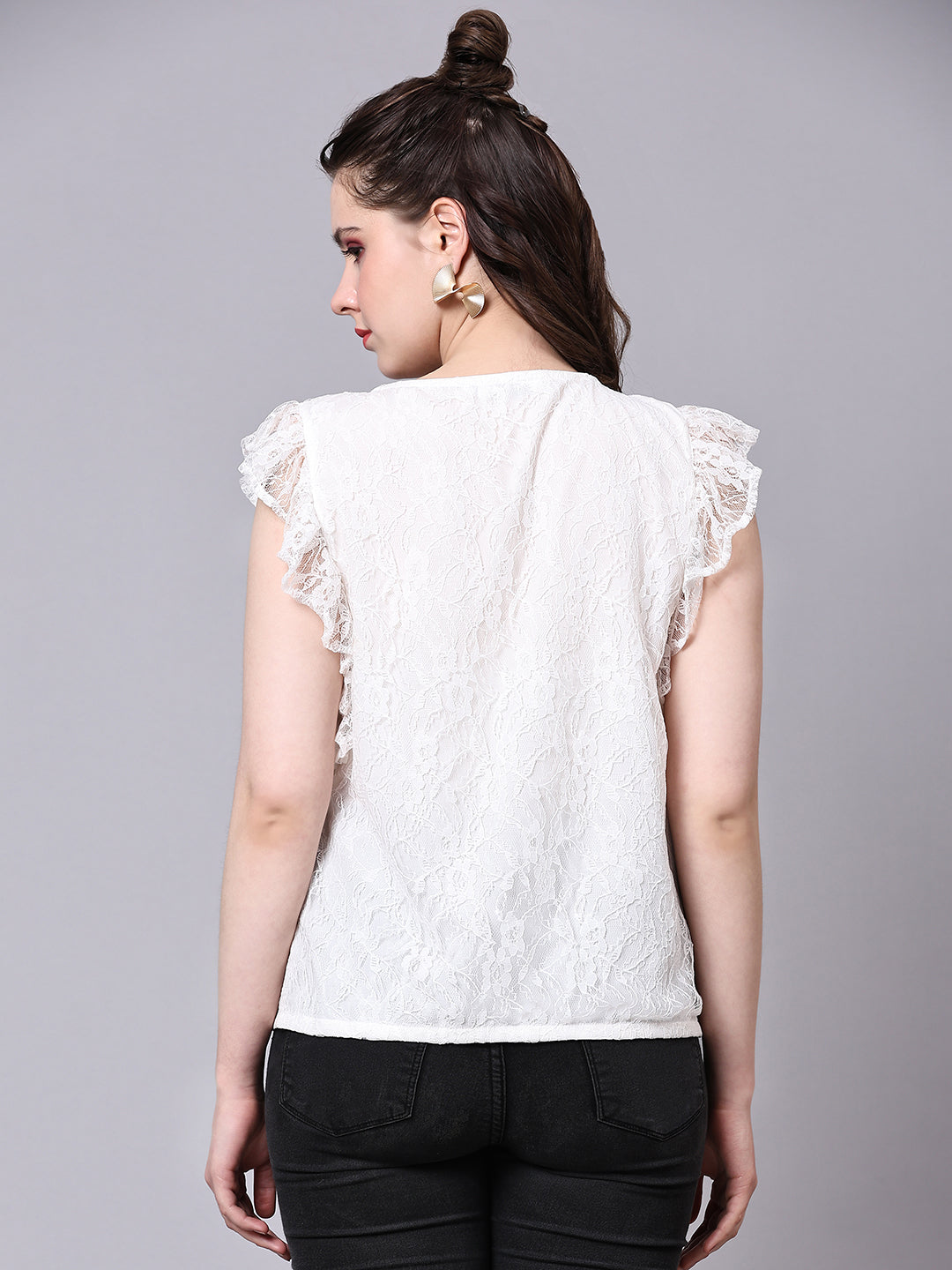 Cream Self Design Partywear Lace Top