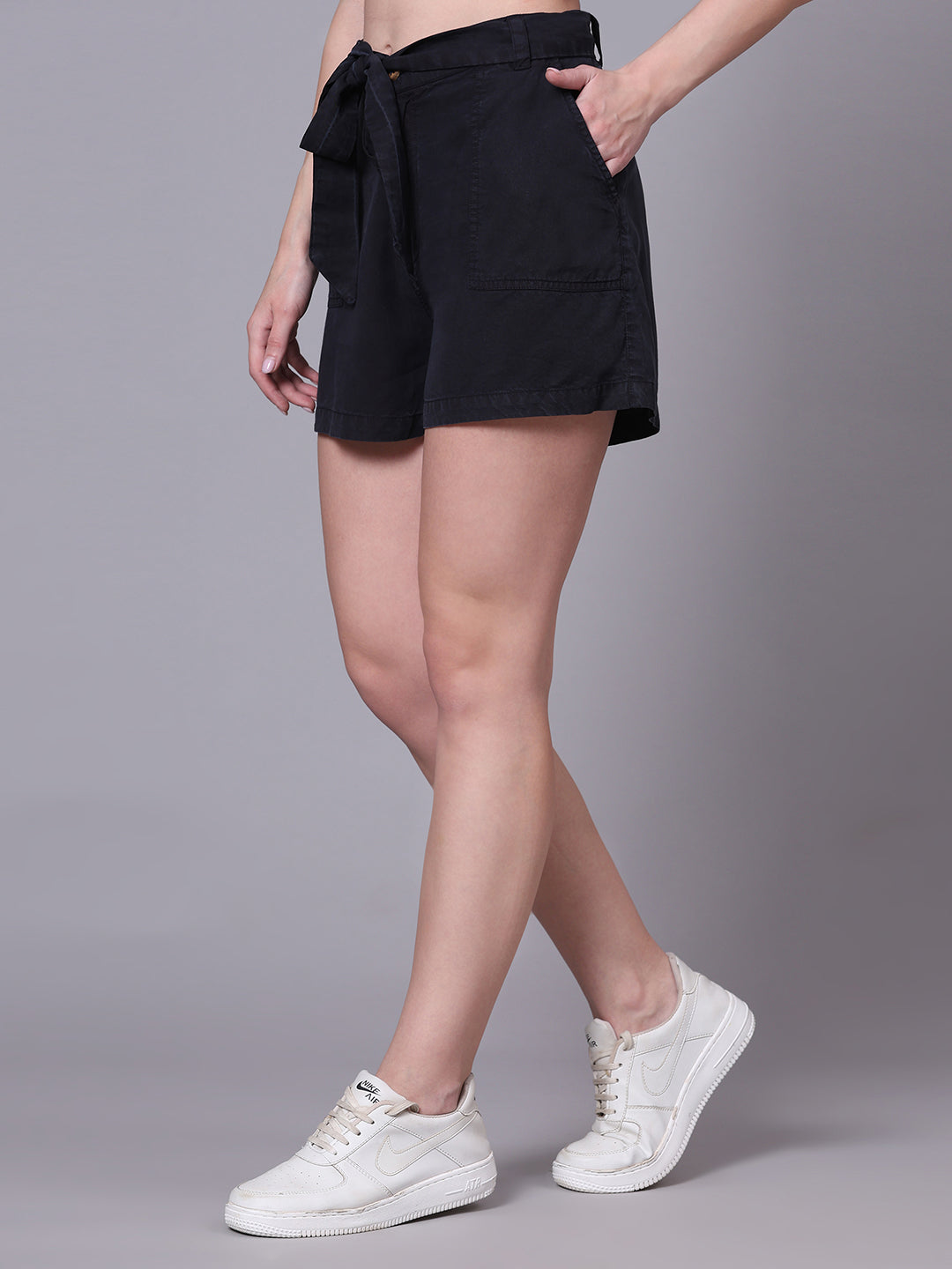 Grey Regular Fit High-Rise Solid Shorts