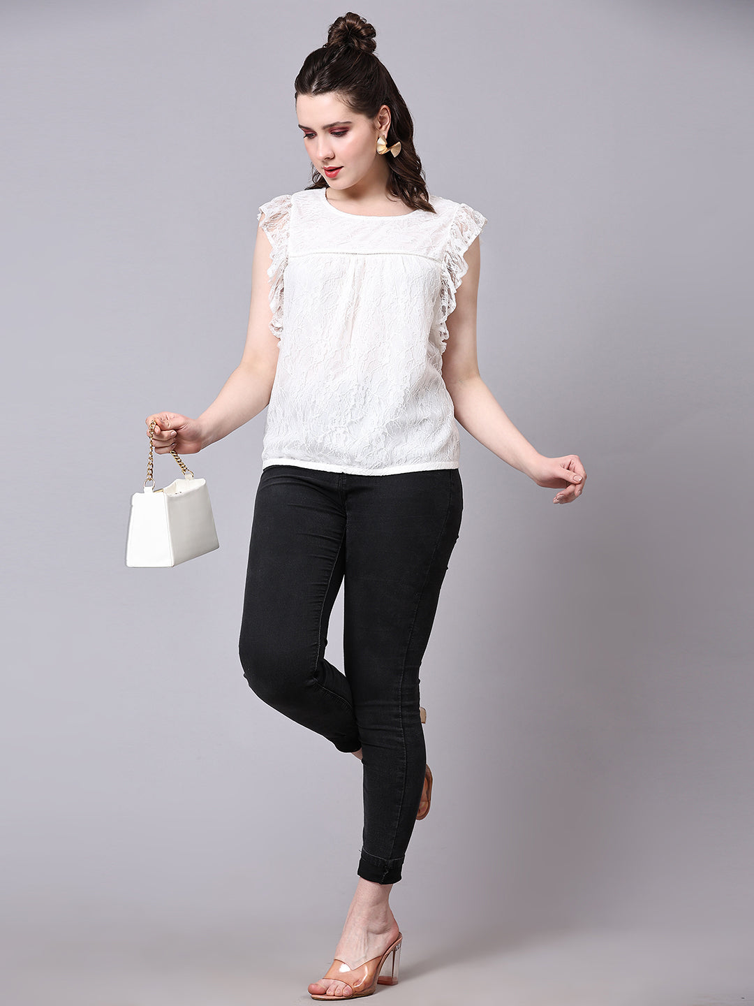 Cream Self Design Partywear Lace Top