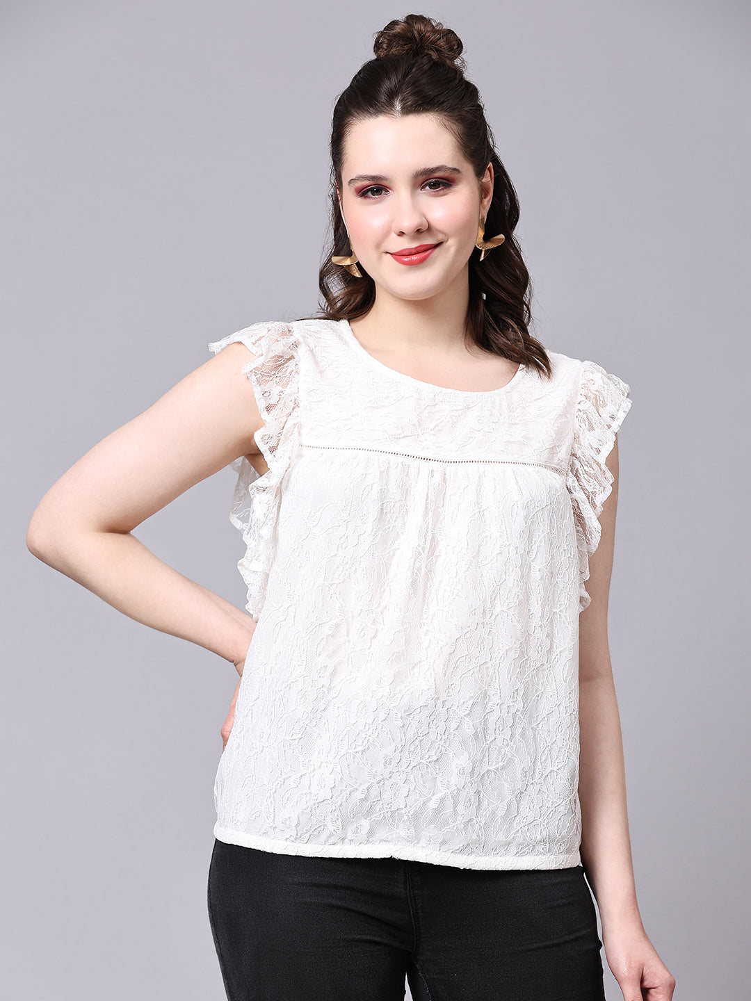 Cream Self Design Partywear Lace Top