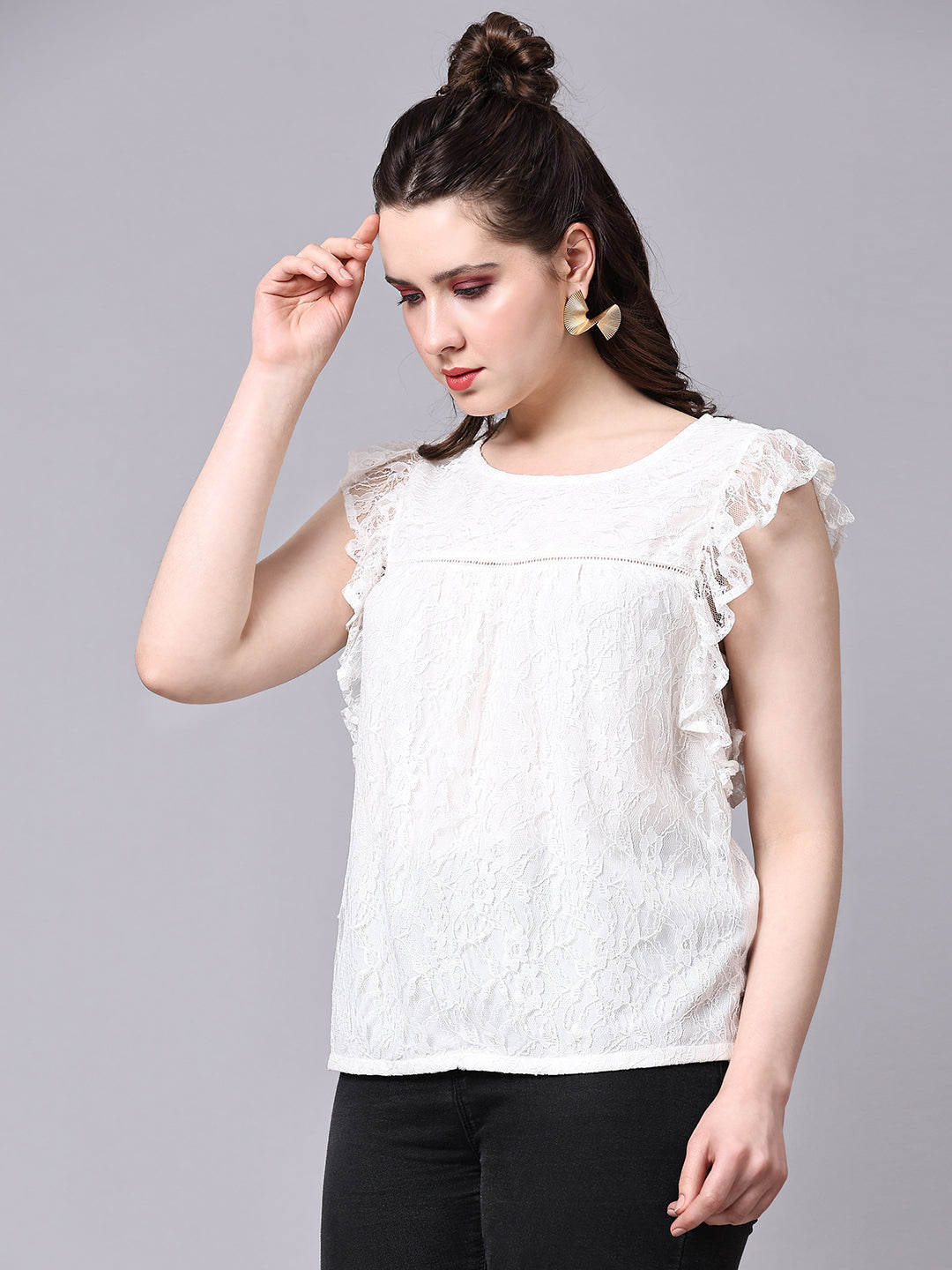 Cream Self Design Partywear Lace Top