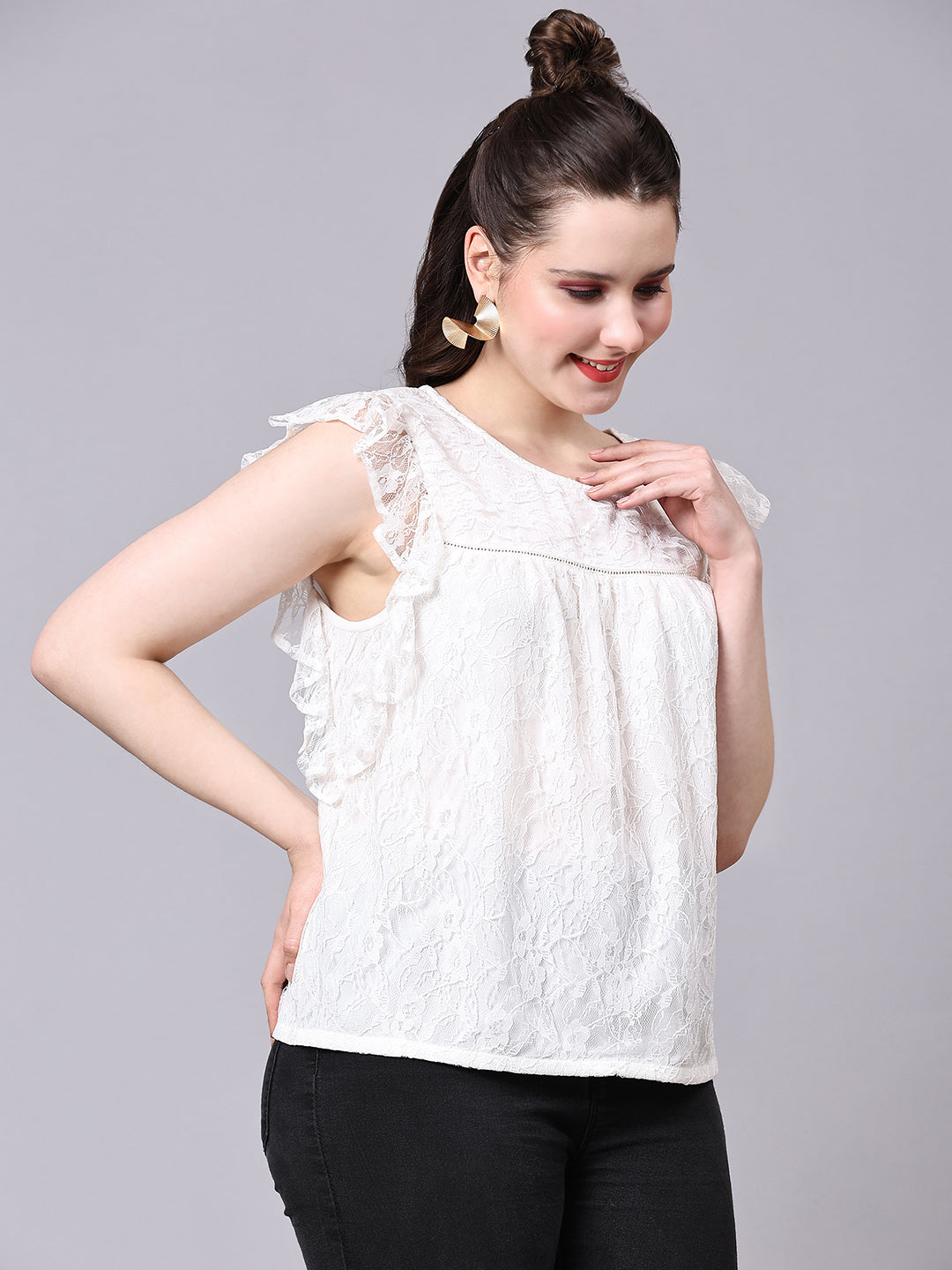 Cream Self Design Partywear Lace Top