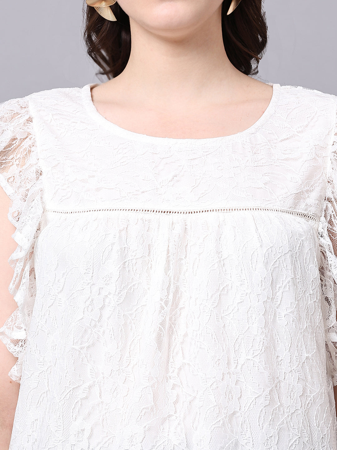 Cream Self Design Partywear Lace Top