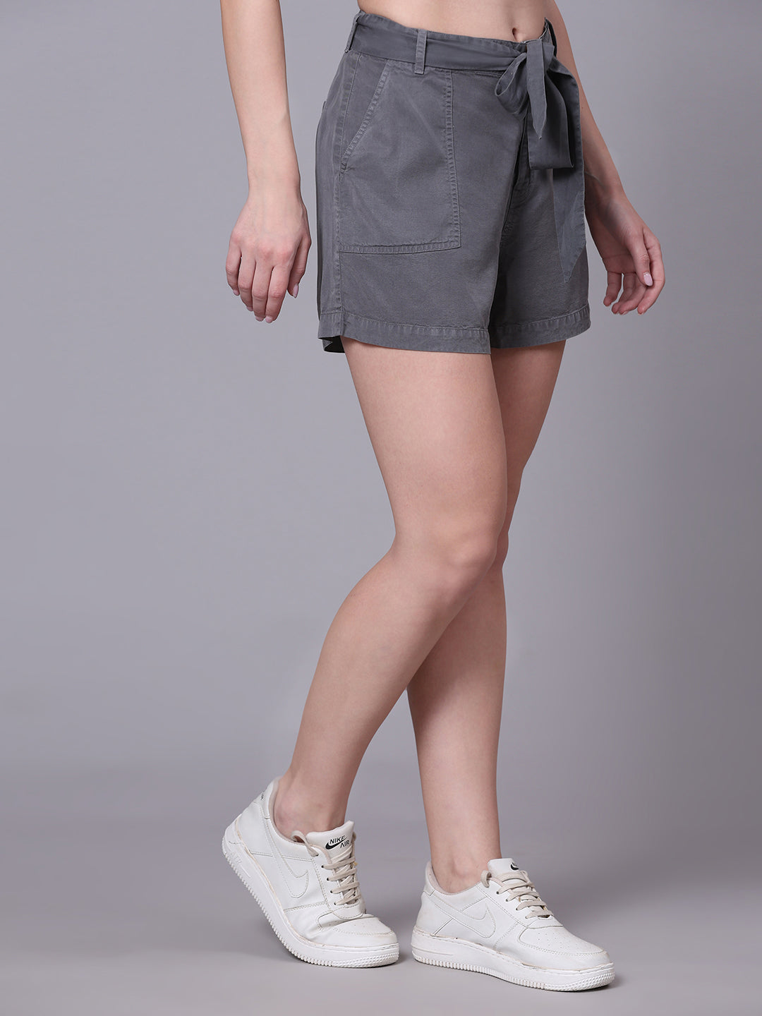 Grey Regular Fit High-Rise Solid Shorts