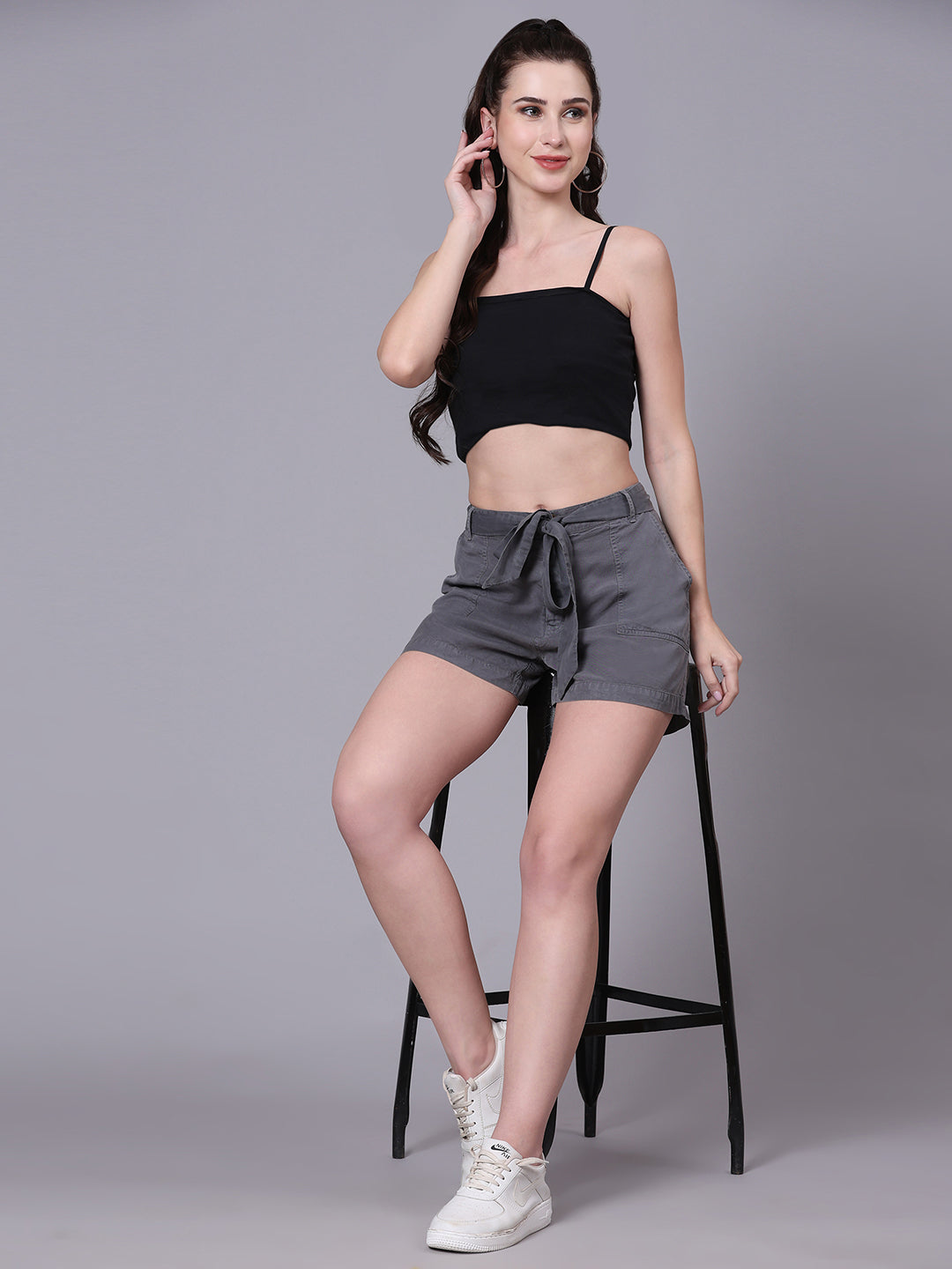 Grey Regular Fit High-Rise Solid Shorts